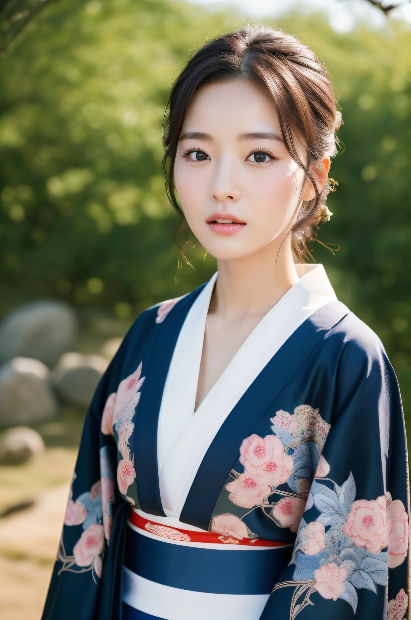 ((Top Quality, 8K, Masterpiece: 1.3)), Sharp Focus: 1.2, (Super Beautiful Face: 1.0), (Glossy Skin: 1.0), Realistic Photos, Black Hair, Realistic Pupils, Movie Lighting, Highly Detailed Eyes and Face, Movie Lighting,  (Cowboy Shot: 1.0),  (kimono, hakama, obi: 1.15),　(Korean Cute Actress), in nature, classic kimono,