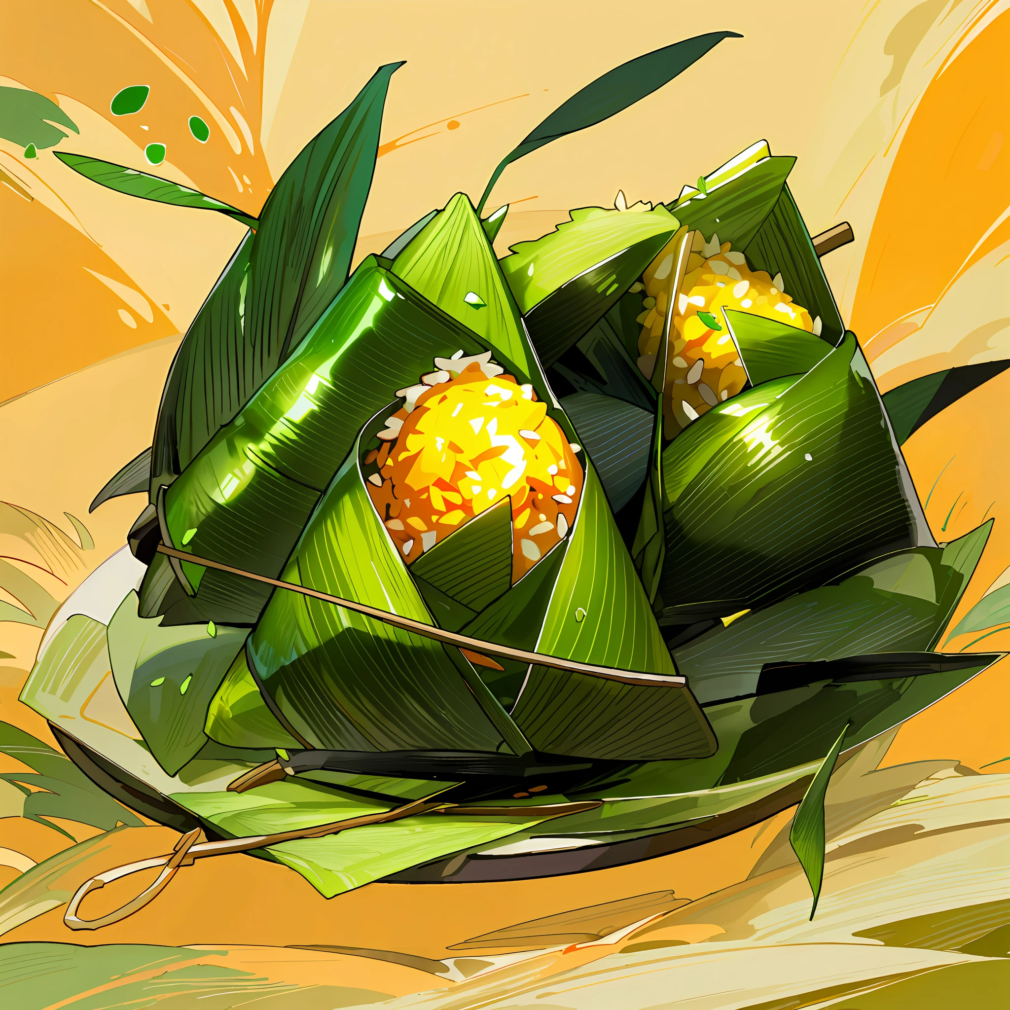 On the plate lie three pieces of sticky rice wrapped in green rice dumpling leaves (triangle), and the exposed rice has salted egg yolk (round solid) and meat (soy sauce color), magical food illustration, rich in nutrition and exquisite details.