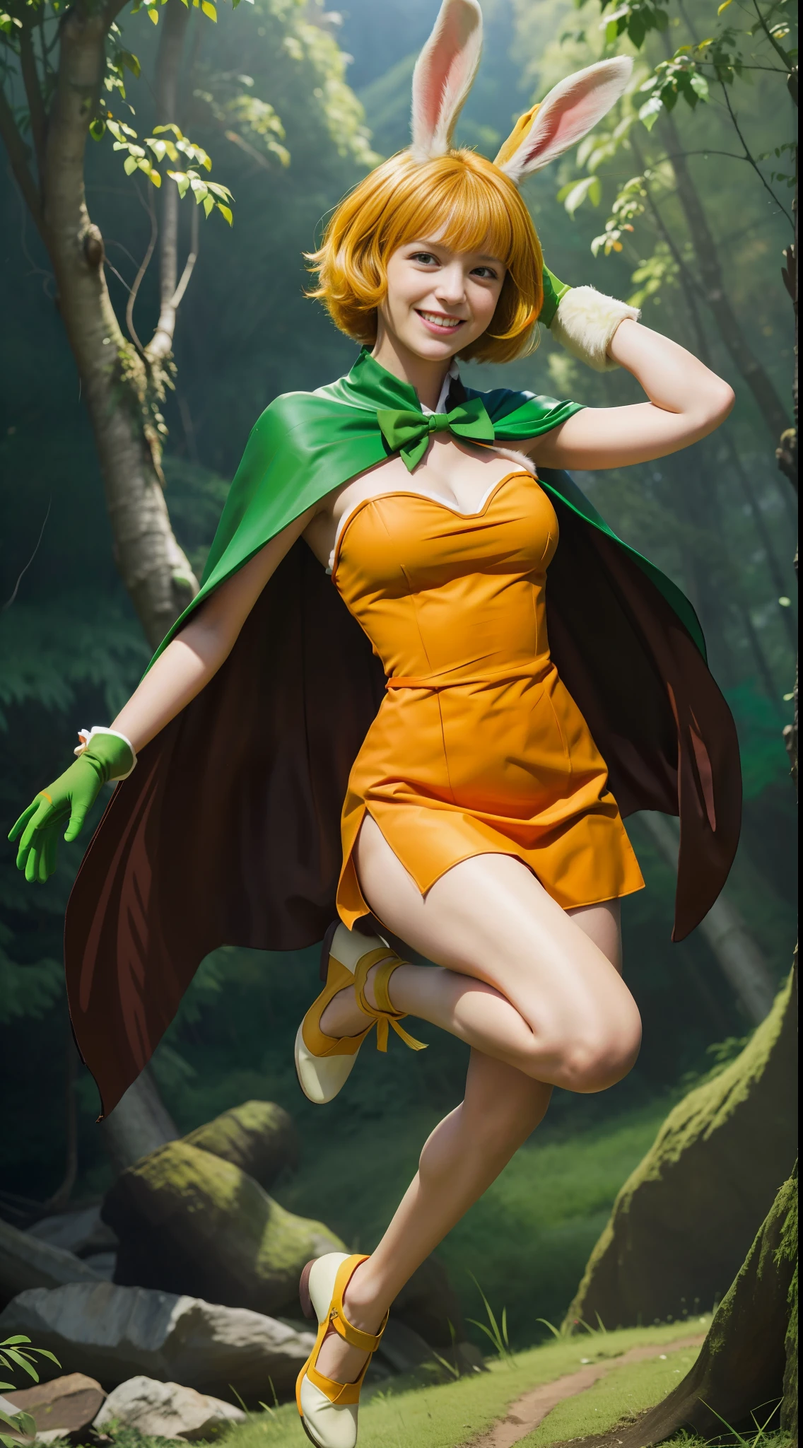 carrot_\(one_piece\), carrot_op,white_skin,((masterpiece:1.4, best quality)), ((masterpiece, best quality)), (photo realistic:1.4), medium breasts, female, big black eyes, cute, young , college age, smiling, (sideless_outfit:1.3), (sideboobs), (cross laced_top), orange_dress, short_dress, cleavage, (green_cape), fur gloves, bare_legs, brown_eyes, yellow_hair, short_hair, rabbit_tail, rabbit_ears , green_bowtie, jump, fun, dynamic, pose, wind, jungle, forest, mountain, tree, sea, river, professional lighting, physically-based rendering