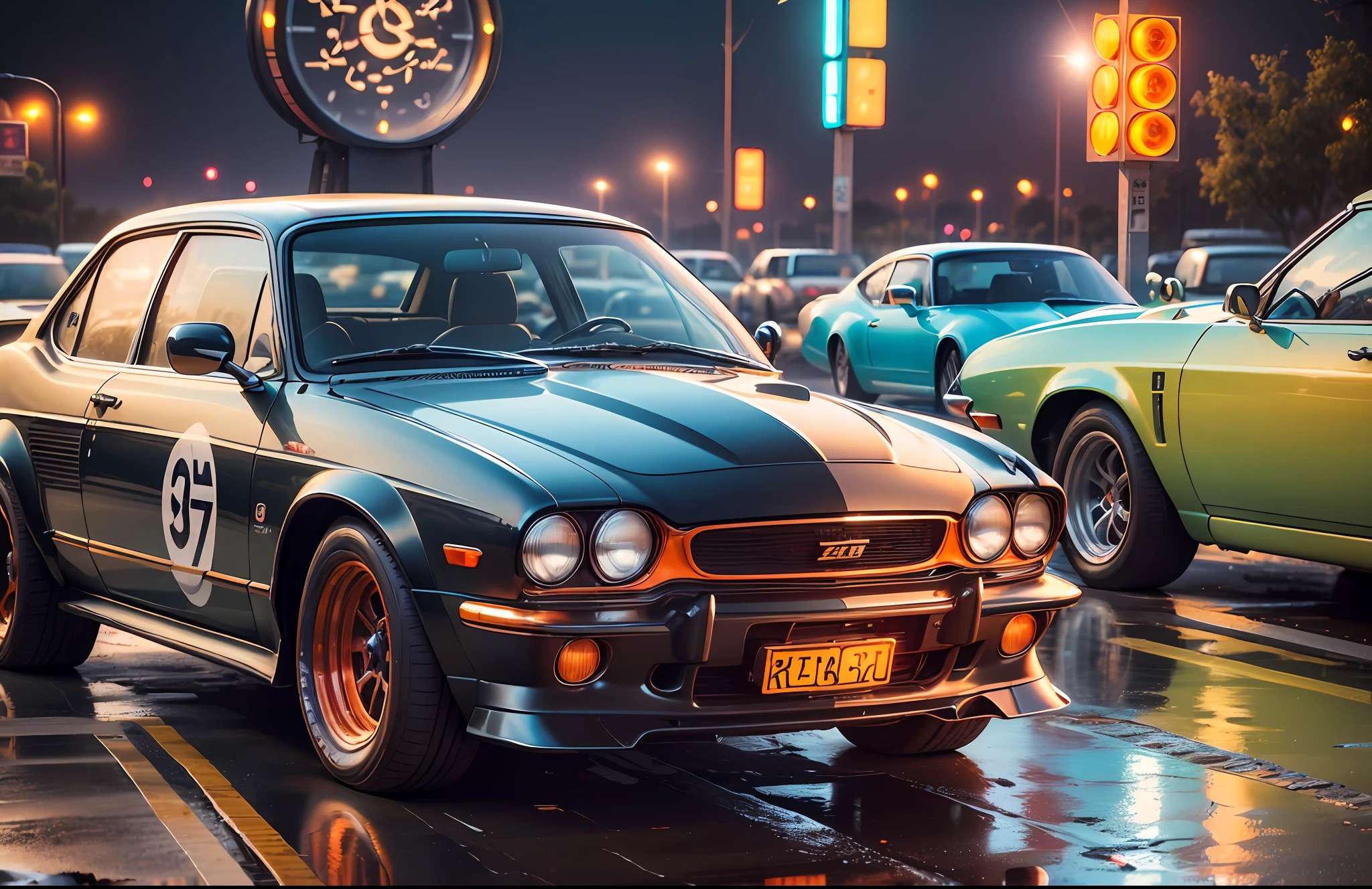 ((((Retro Zeekars))) (with bright rims), wide tires, in the parking lot, in the night city, project me the most beautiful car in the world, painting with , showroom concept, lens flare, camera artifact, professional photographer, 4k, HD project me the most beautiful car in the world, painting with warm color orange highlights, showroom concept, lens flare, camera artifact, professional photographer, 4k, HDR, longitudinal symmetry --auto --s2