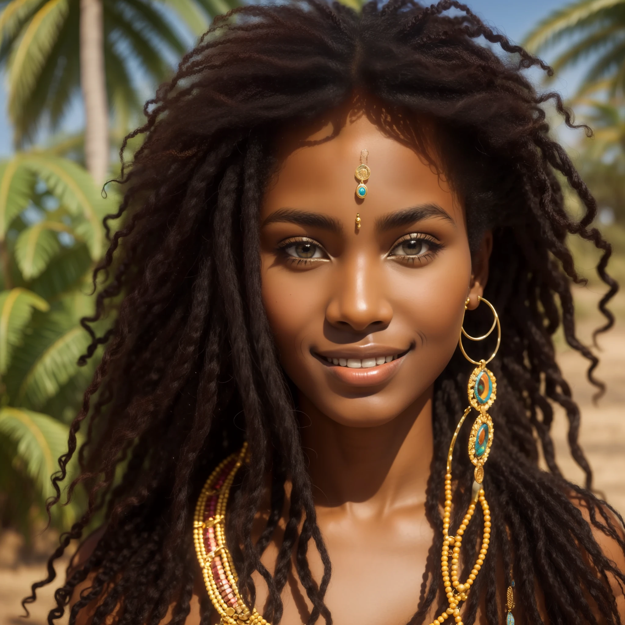 A beautiful woman of indigenous and African origin, from Bahia, with large and charming eyes. Her skin has golden and radiant tones, voluminous and curly hair, adorned with colorful accessories. His eyes are expressive, conveying wisdom and curiosity, while his smile is warm and luminous. With soft facial features and fleshy lips, her posture is confident and elegant.