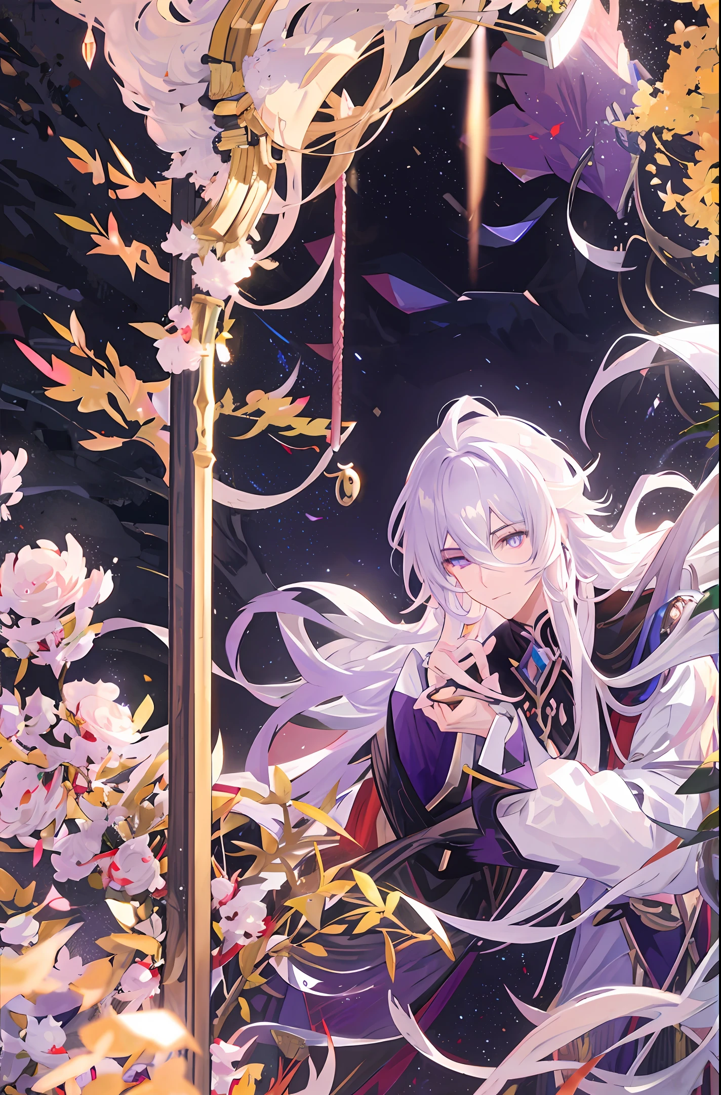 Curly white hair, male, anime, fox tail, fox, bicolor heterogeneous pupil, purple pupil golden pupil, hands crossed to support cheeks, looking down, moonlit night forest