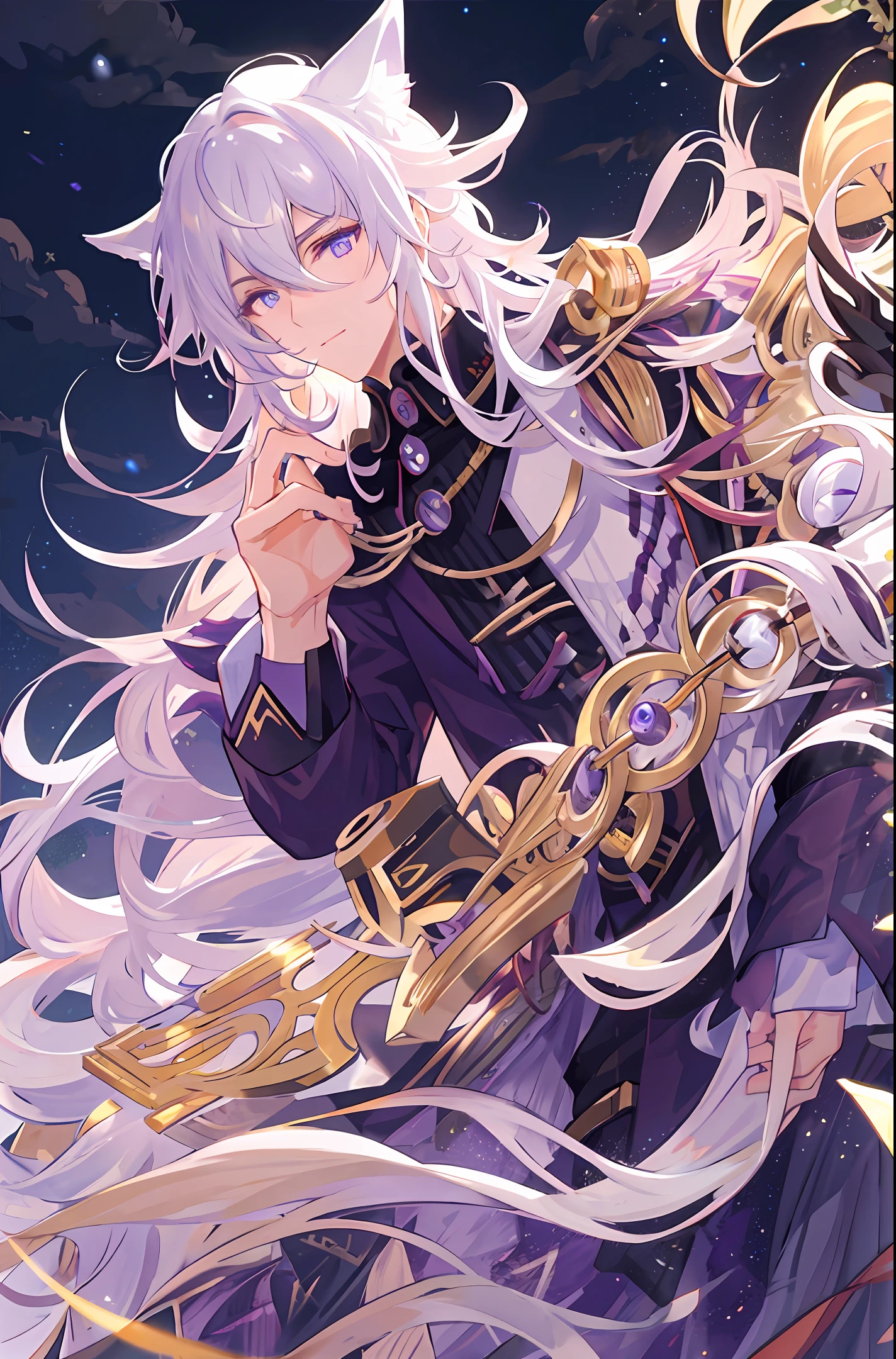 Curly white hair, male, anime, fox tail, fox, bicolor heterogeneous pupil, purple pupil golden pupil, hands crossed to support cheeks, looking down, moonlit night forest