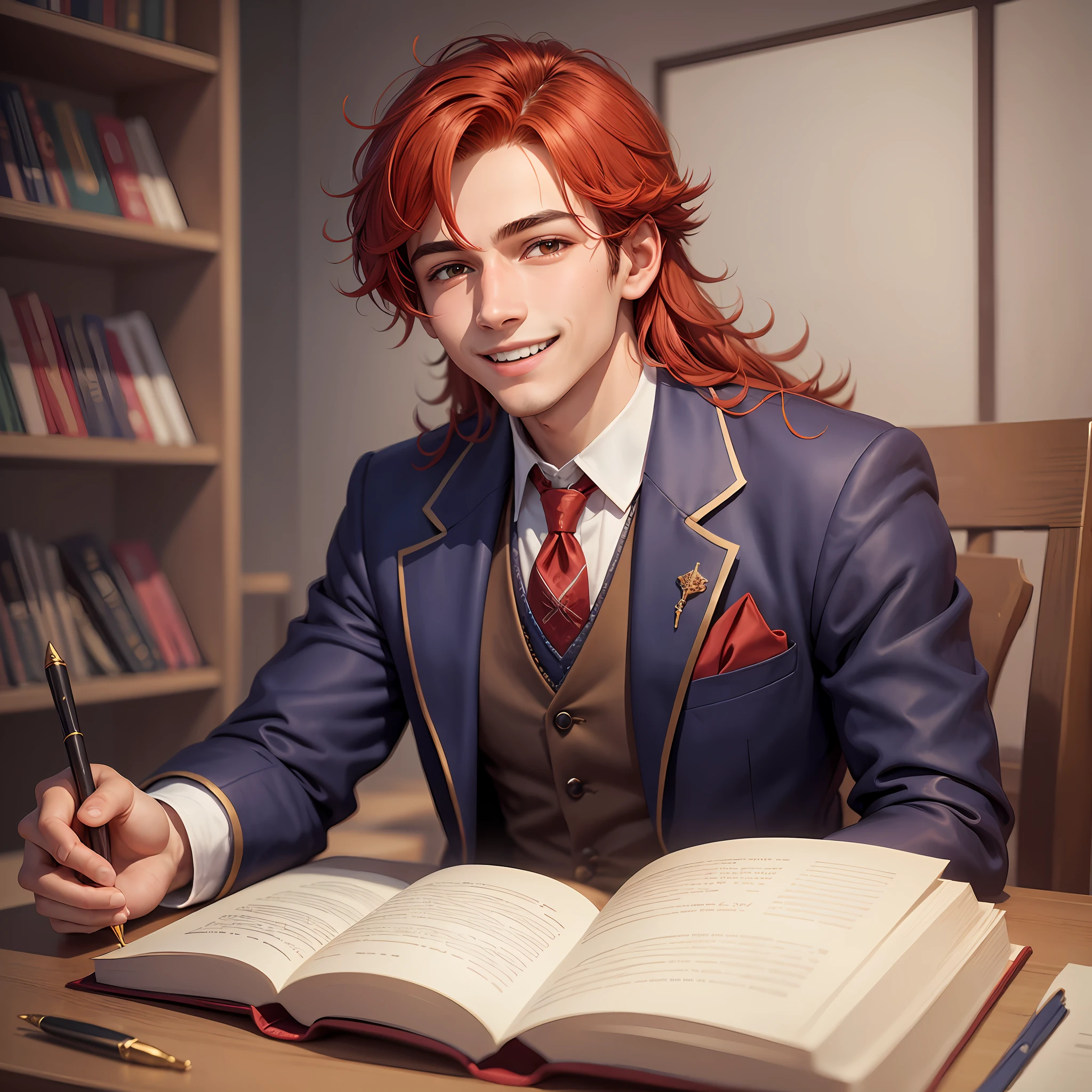 Pablo, a student at the University of Phoenix, the largest school of magic in the Kingdom of Lohania, in the year 1750. Pablo is a -yeld whoves to have fun and relax, not devoting much time to his studies. He is known for being funny, outgoing and smiling. Pablo has intense red hair, a jovial smile and a relaxed posture. I would like the illustration to depict him wearing formal clothes, such as a suit and tie, with a red wizard's robe on top, characteristic of the time. --auto --s2