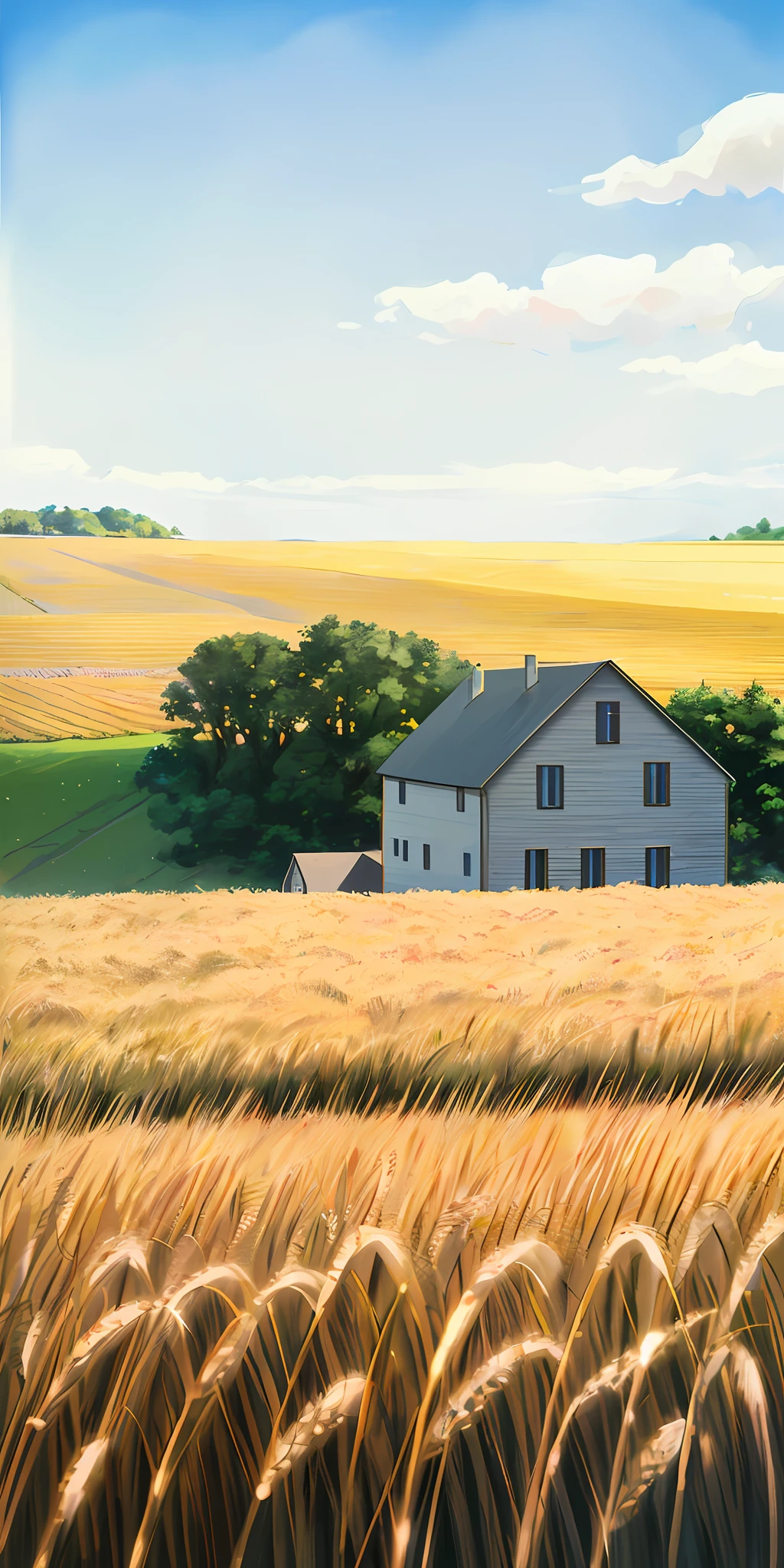 Realistic photo of a cozy house in a wheat field on a beautiful sunny day, photographed with Phase One camera, 35mm lens