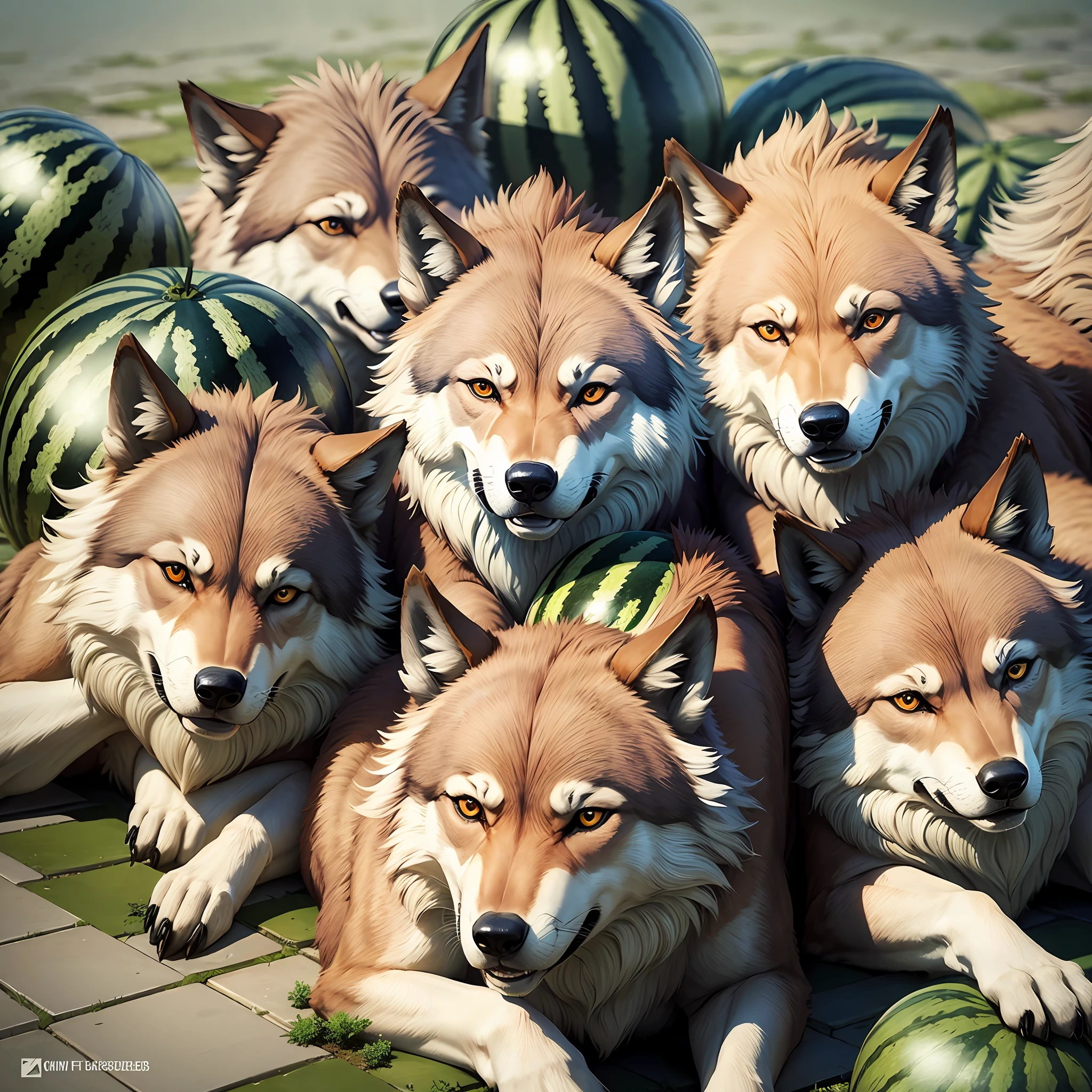 Pack of wolves surrounded by watermelons --auto --s2
