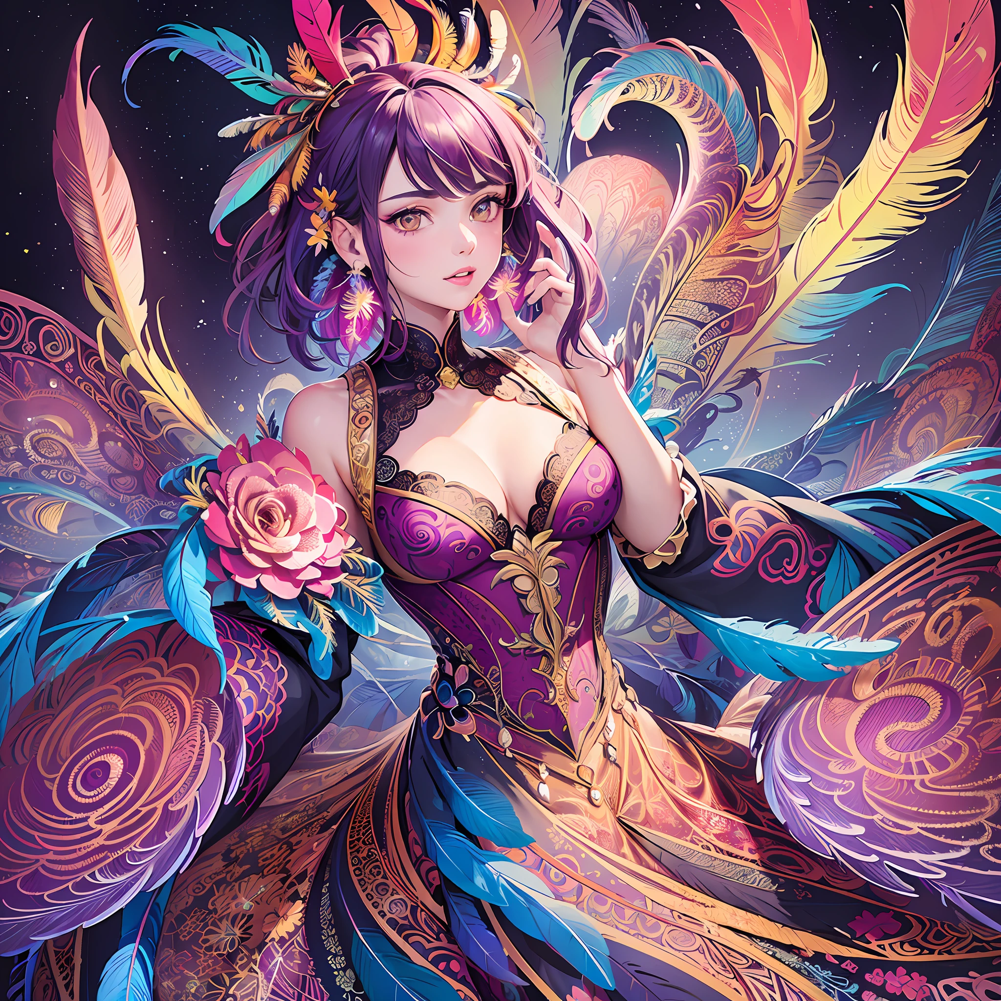 (masterpiece, top quality, best quality, official art, beautiful and aesthetic: 1.2), (1girl:1.3), extremely detailed,(fractal art:1.1),(colorful:1.1)(flowers:1.3),more detailed,( zentangle:1.2), (dynamic posture), (abstract background:1.3), (bright skin), (many colors:1.4), ,(earrings), (feathers:1.5) , (Flamethrower:1.3),dark purple background,Phoenix dress,