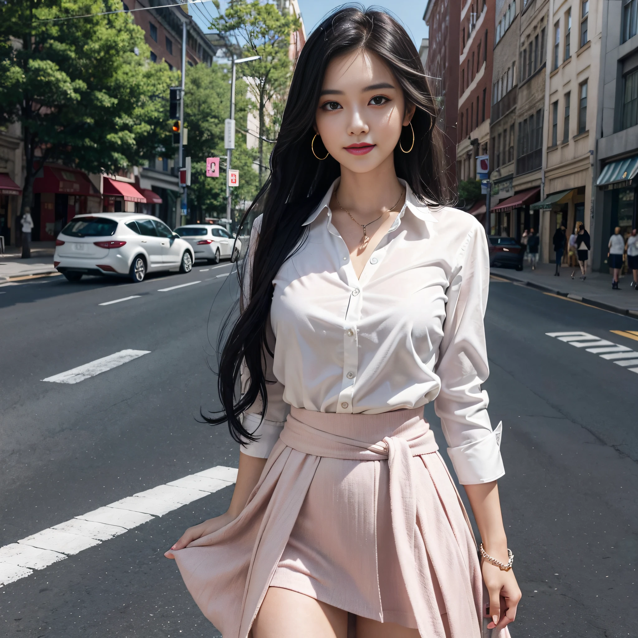Masterpiece, Top Quality, Full Body, One Woman, Skirt, Blush, Bracelet, Big, Clothes Around the waist, Clavicle, Collared Shirt, Cowboy Shot, Dress Shirt, Ear Piercing, Eyebrows Visible Through Hair, Gradient Hair, Grinning, Gal, Jewelry, Kogal, Long Hair, Viewer's Gaze, Piercings, Patterned Skirt, Red Eye, Ring, Shirt, Skirt, Smile, Solo, White Shirt, Street, Sky, Sakura, Petals, Illustration, (Magazine: 1.3), (Cover Style: 1.3), Fashionable, Women, Cheerful, Outfit, Pose, Frontal, Colorful, Dynamic, Background, Element, Confident, Expression, Holding, Statement, Accessory, Majestic, Coiled, Around, Touch, Scene, Cover, Bold, Attention-Grabbing, Stylish, Font, Catchy, Big, Impressive, Modern, trendy, focused, fashion,
