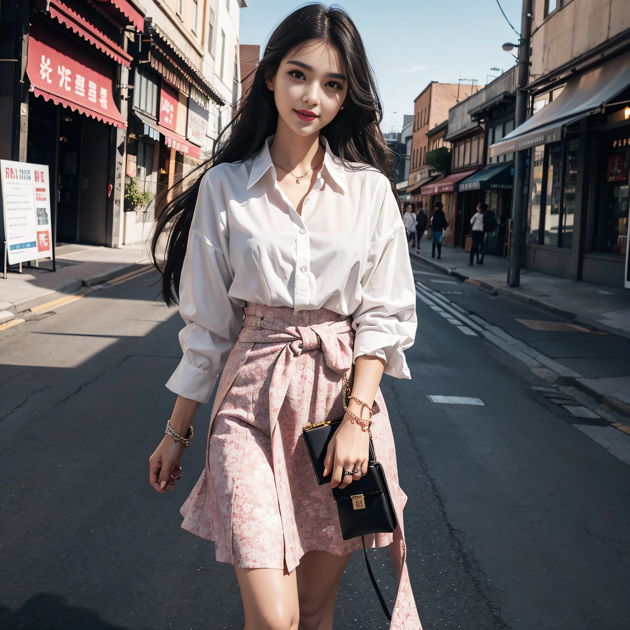 Masterpiece, Top Quality, Full Body, One Woman, Skirt, Blush, Bracelet, Big, Clothes Around the waist, Clavicle, Collared Shirt, Cowboy Shot, Dress Shirt, Ear Piercing, Eyebrows Visible Through Hair, Gradient Hair, Grinning, Gal, Jewelry, Kogal, Long Hair, Viewer's Gaze, Piercings, Patterned Skirt, Red Eye, Ring, Shirt, Skirt, Smile, Solo, White Shirt, Street, Sky, Sakura, Petals, Illustration, (Magazine: 1.3), (Cover Style: 1.3), Fashionable, Women, Cheerful, Outfit, Pose, Frontal, Colorful, Dynamic, Background, Element, Confident, Expression, Holding, Statement, Accessory, Majestic, Coiled, Around, Touch, Scene, Cover, Bold, Attention-Grabbing, Stylish, Font, Catchy, Big, Impressive, Modern, trendy, focused, fashion,