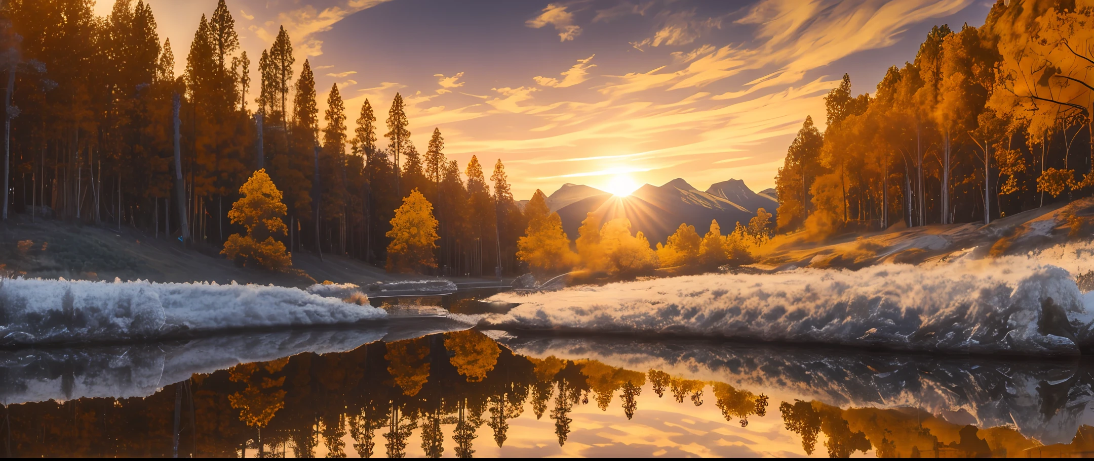 Ah a beautiful sunset with a lake and trees in the background