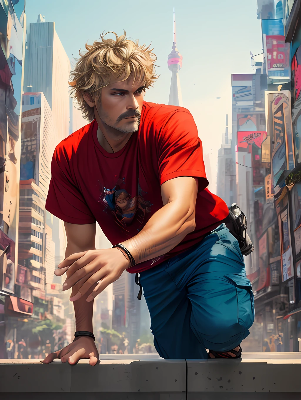 A stylized watercolor digital illustration, attractive, fashion, middle-aged tanned skinning man, age 30, top angle shot, light blonde short messy hair, a big metropolis as the background, cinematic light, red shirt, cargo shorts, Art by Carne Griffiths and Wadim Kashin, Yoji Shinkawa, Peter Draws, heavenly handsome face, detailed eyes, big greek nose, perfect anatomy, natural hand poses, natural legs poses, approaching perfection, dynamic poses, luminism, highly detailed, sharp focus, full body shot, 8k UHD, masterpiece, ultra fine detail.