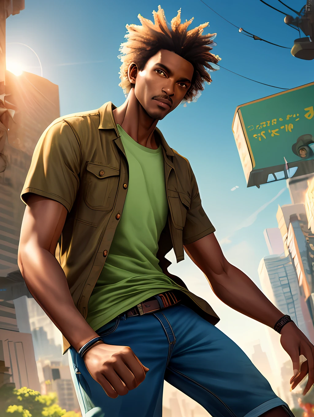 A stylized watercolor digital illustration, attractive, fashion, middle-aged tanned skinny African-American man, age 30, top angle shot, light brown short messy hair, a big metropolis as the background, cinematic light, green shirt, cargo shorts, Art by Carne Griffiths and Wadim Kashin, Yoji Shinkawa, Peter Draws, heavenly handsome face, detailed eyes, big greek nose, perfect anatomy, natural hand poses, natural legs poses, approaching perfection, dynamic poses, luminism, highly detailed, sharp focus, full body shot, 8k UHD, masterpiece, ultra fine detail.
