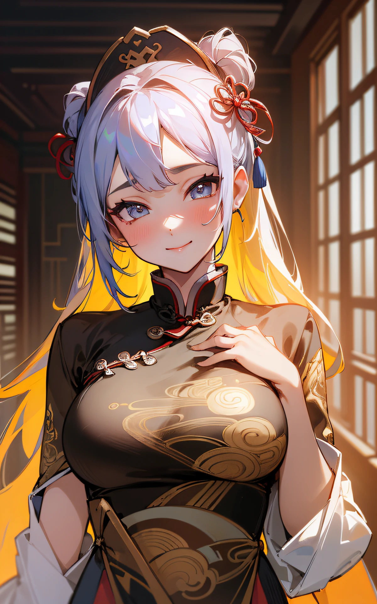 (Unity 16k Wallpaper, Masterpiece, Best Quality, Ultra-Detailed, Extremely Detailed CG, Caustics, Cinematic Lighting, Detailed, Beautiful Detailed Eyes, NSFW:2.0, 1girl, Curby), Ultra High Resolution, Fine skin, (cute: 1.2), (15-year-old girl), ((chinese clothes:1.2)), ((fine background writing, saturated, strong light, sexy chinese clothes, sexy Chinese clothes)), smile
