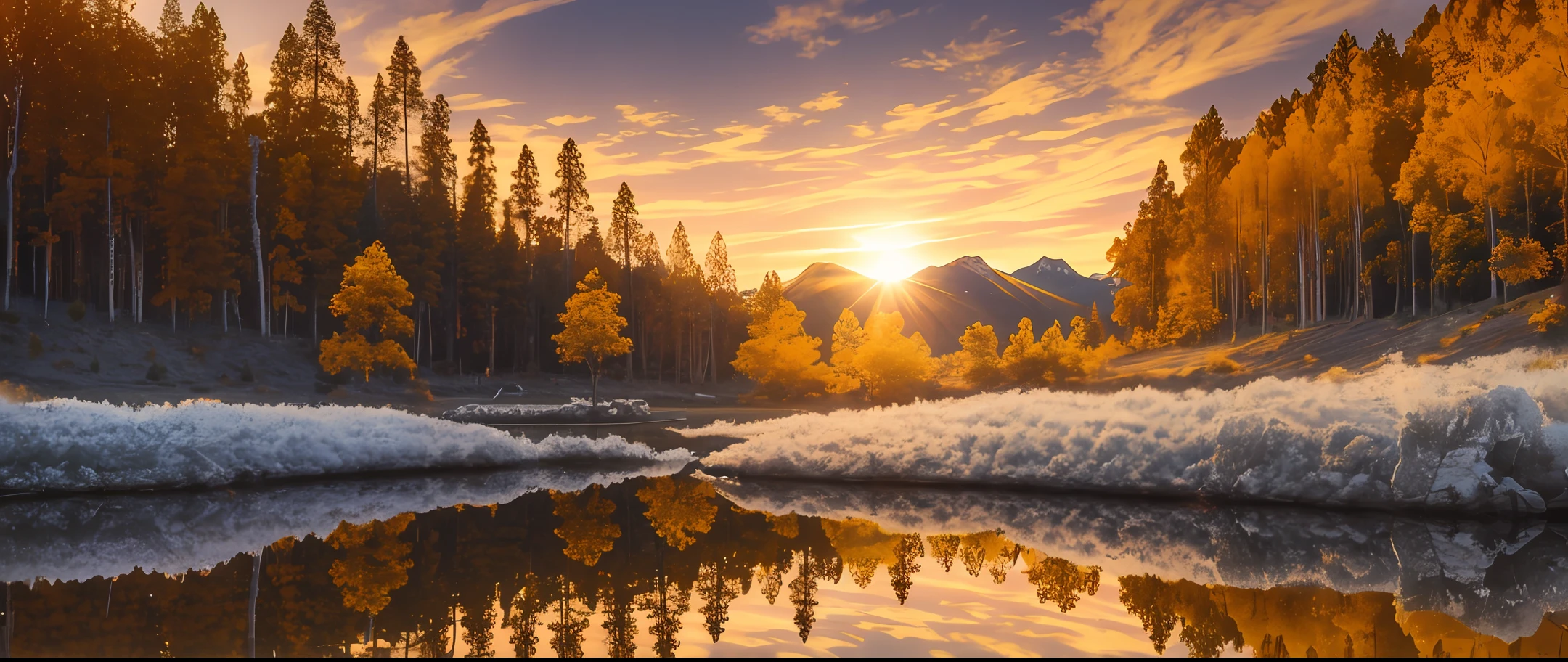 Ah a beautiful sunset with a lake and trees in the background
