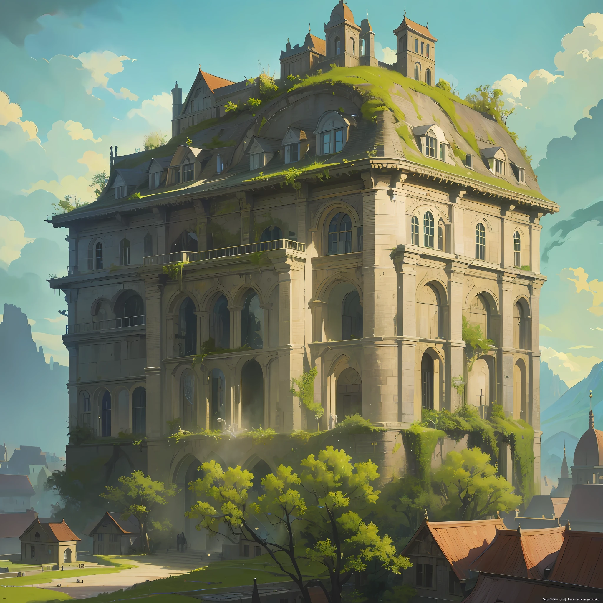 a painting of a building with a green roof, a detailed matte painting by Christophe Vacher, cg society contest winner, fantasy art, artstation hq, official art, concept art --auto --s2