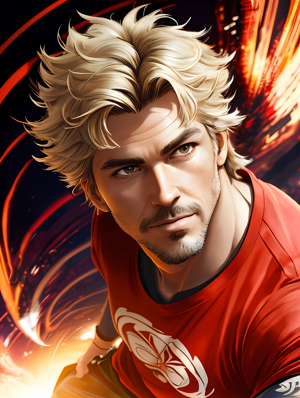 A stylized watercolor digital illustration, attractive, fashion, middle-aged tanned skinning man, age 30, top angle shot, light blonde short messy hair, a big metropolis as the background, cinematic light, red shirt, cargo shorts, Art by Carne Griffiths and Wadim Kashin, Yoji Shinkawa, Peter Draws, heavenly handsome face, detailed eyes, big greek nose, perfect ???????, natural hand poses, natural legs poses, approaching perfection, dynamic poses, luminism, highly detailed, sharp focus, full body shot, 8k UHD, masterpiece, ultra fine detail.