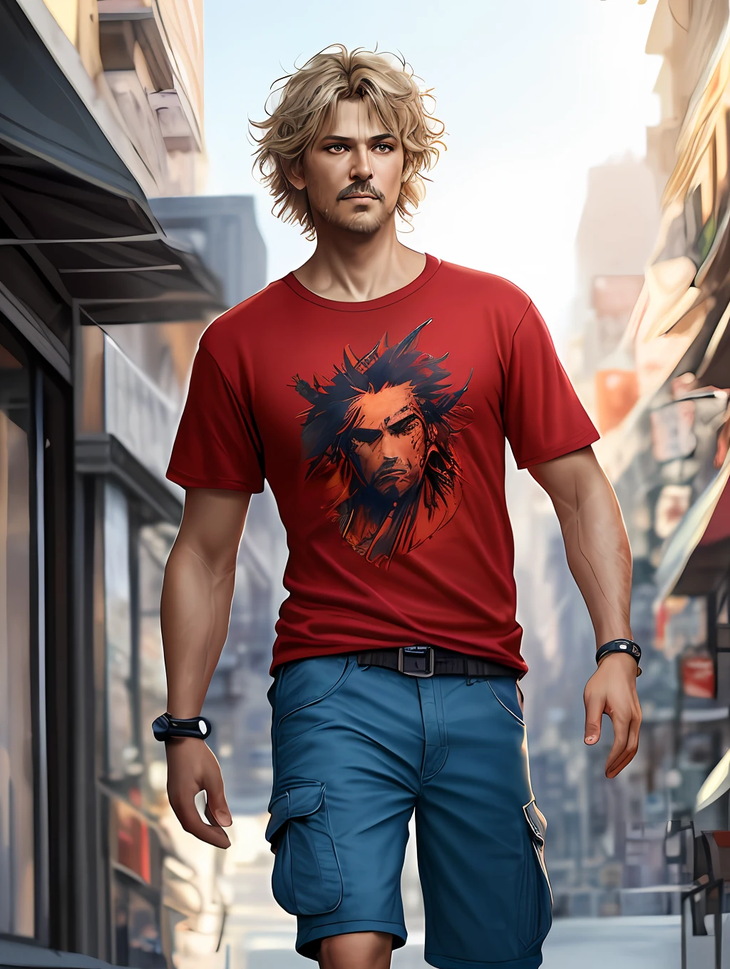 A stylized watercolor digital illustration, attractive, fashion, middle-aged tanned skinning man, age 30, top angle shot, light blonde short messy hair, a big metropolis as the background, cinematic light, red shirt, cargo shorts, Art by Carne Griffiths and Wadim Kashin, Yoji Shinkawa, Peter Draws, heavenly handsome face, detailed eyes, big greek nose, perfect anatomy, natural hand poses, natural legs poses, approaching perfection, dynamic poses, luminism, highly detailed, sharp focus, full body shot, 8k UHD, masterpiece, ultra fine detail.