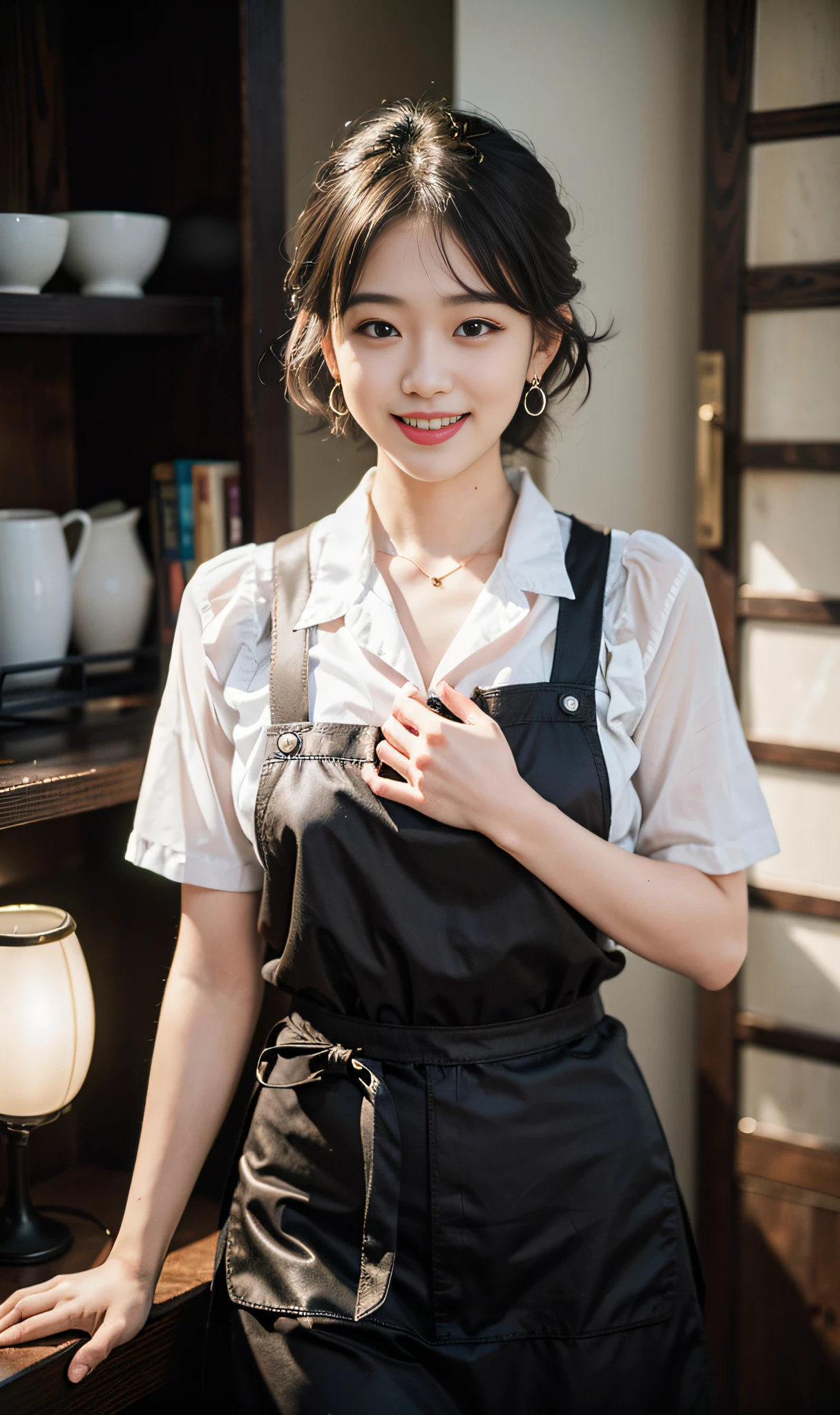(8k, RAW photos, best quality, High resolution), (realistic:1.3), soft light, 1 japanese girl, age 20, beautiful face, masterpiece, apron, long skirt, ,black eyes, movie lights, jewelry, earrings, ((short hair)), coffee shop, (((hand on chest))), waitress uniform, cherry lips, viewer, (smiling),85mm lens, f/1.4, professional lighting