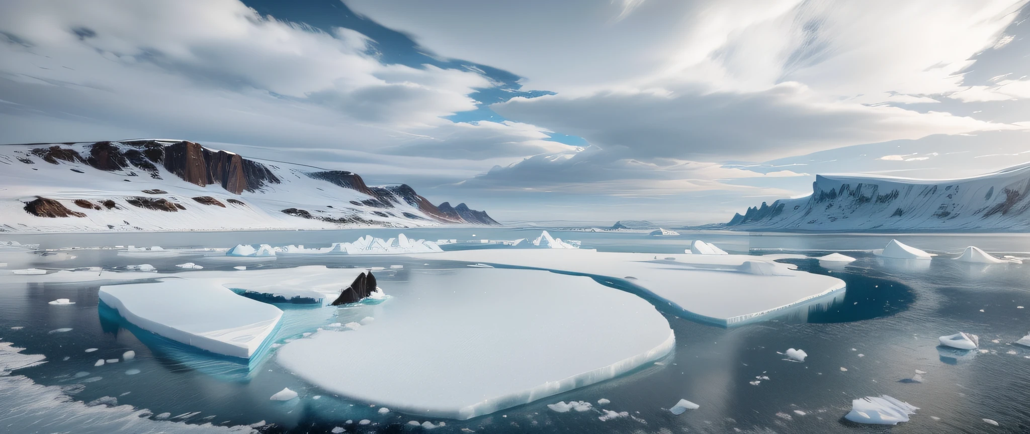 There are large ice floes in the deep sea, desolate Antarctic landscapes, Ghibli style, distant icebergs, Antarctic environment surrounded by ice and snow, desolate glacial landscapes --s --auto --s2