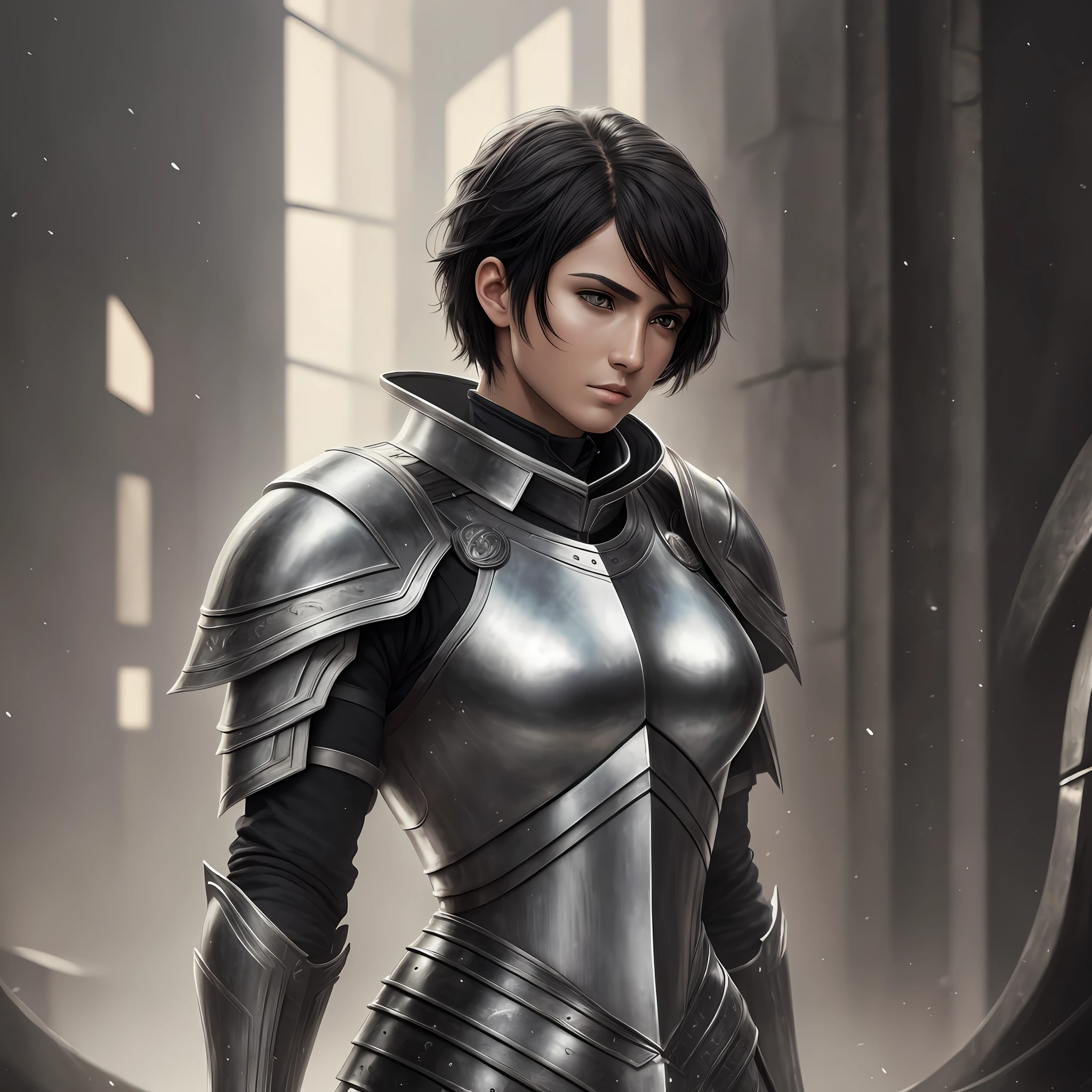 best quality, masterpiece, highres, black detailed armor, graphite black, gueirreiro, christian warrior, joan of arc, mature woman with short black hair, black eyes, beautiful face, serious face, a little muscular, androgynous conceptual art style, photorealistic, atmospheric perspective, hybrid, open sky, edge lighting, two-tone lighting, (high detailed skin: 1.2), 8k uhd, dslr, soft lighting,  high quality, volumetric lighting, candid, photography, high resolution, 4k, 8k, full body
