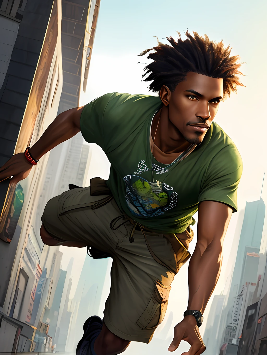 A stylized watercolor digital illustration, attractive, fashion, middle-aged tanned skinny African-American man, age 30, top angle shot, light brown short messy hair, a big metropolis as the background, cinematic light, green shirt, cargo shorts, Art by Carne Griffiths and Wadim Kashin, Yoji Shinkawa, Peter Draws, heavenly handsome face, detailed eyes, big greek nose, perfect anatomy, natural hand poses, natural legs poses, approaching perfection, dynamic poses, luminism, highly detailed, sharp focus, full body shot, 8k UHD, masterpiece, ultra fine detail.