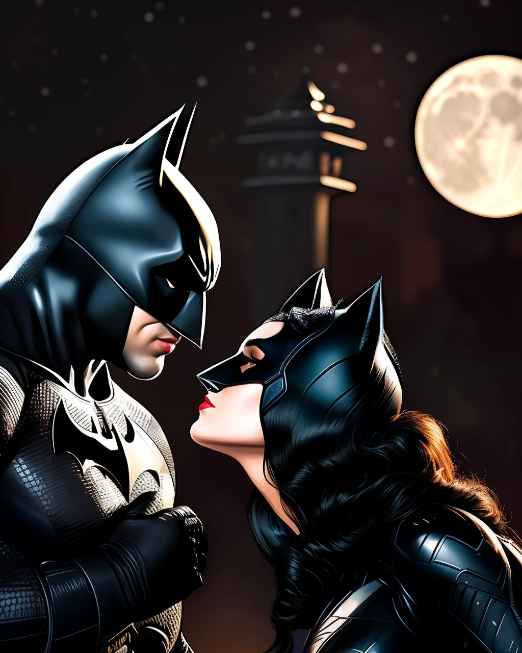 Batman kissing Catwoman, in a super romantic scene, sib in moonlight, scene on top of a scratching post, ultra detailed, ultra realistic, depth of field