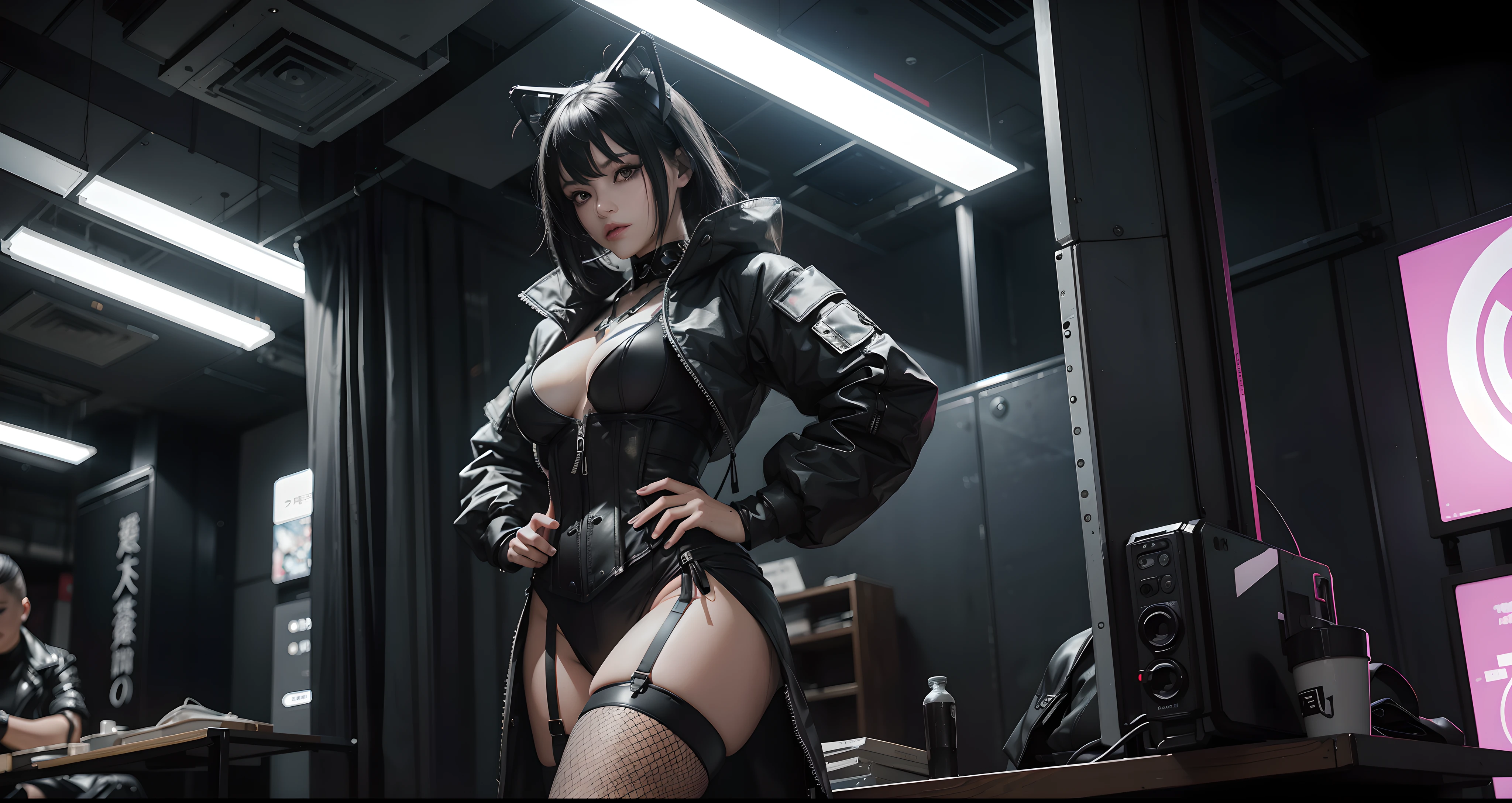 there is a woman with small breasts and massive hips in a corset and a black and white outfit, with Fishnet on breasts, humble outfit, wearing techwear and armor, cyberpunk outfit, wearing japanese techwear, intriguing outfit, all black cyberpunk clothes, cyberpunk style outfit, female cyberpunk anime girl, cyberpunk streetwear, cyberpunk dress, anime girl cosplay, photograph of a techwear woman, cyberpunk anime girl, wearing cyberpunk streetwear, maid outfit