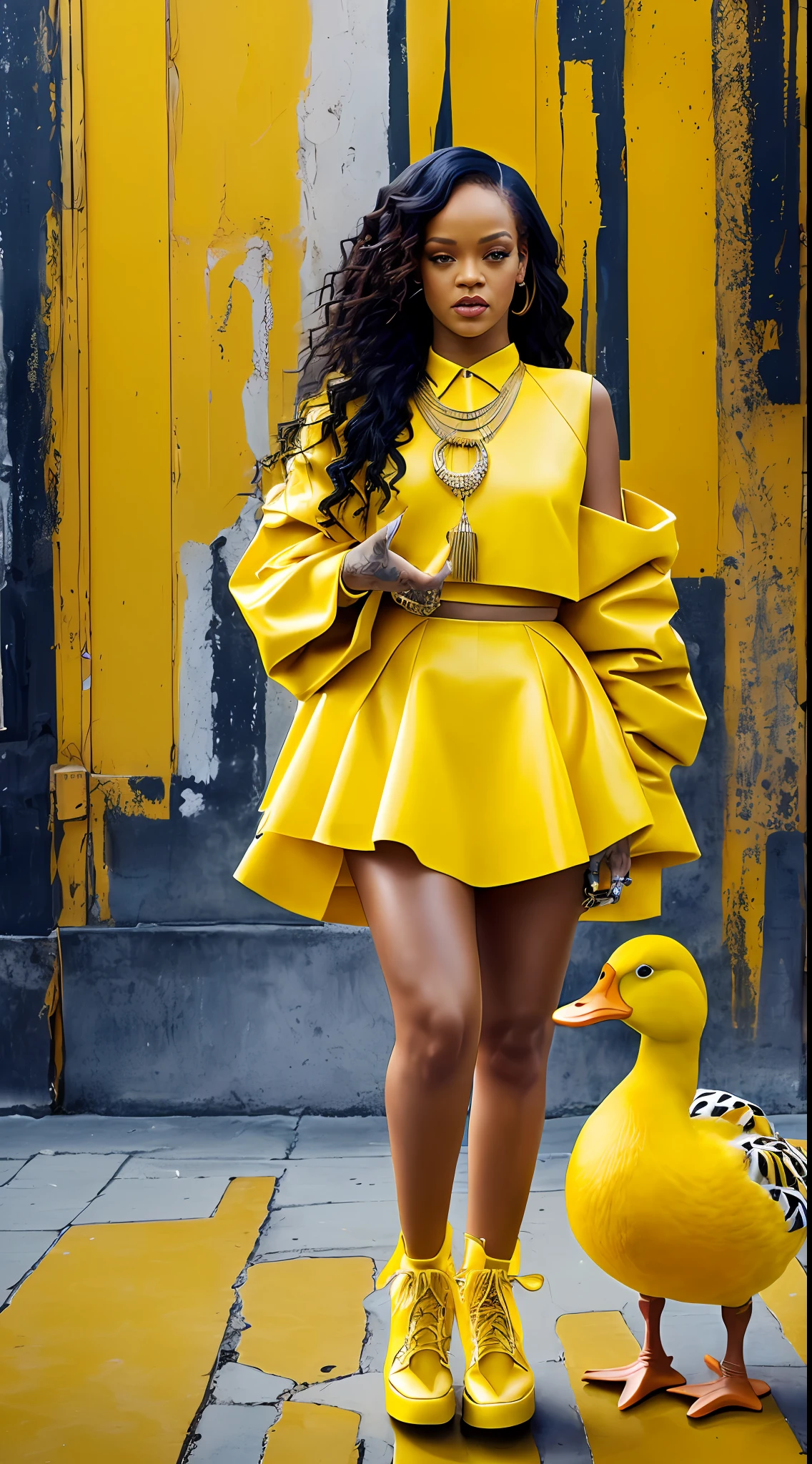 Rihanna, full body, yellow, details, ultra quality, yellow ducks, with a duck