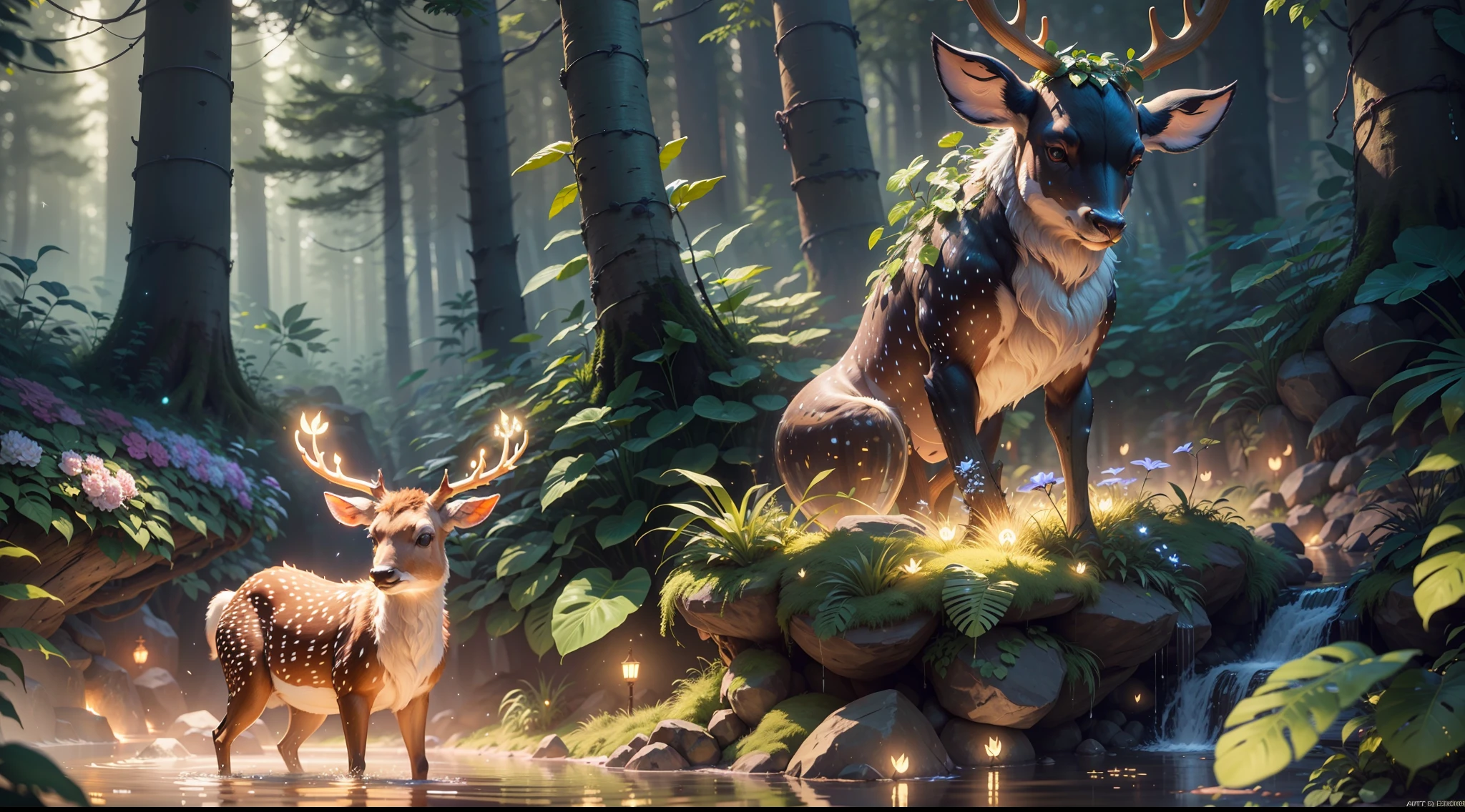 3D Render,realistic style,low poly style game design ,glow sprite, with a glowing deer, in a pool Drinking water, natural elements in the forest theme. Mysterious forest, beautiful forest, nature, surrounded by flowers, delicate leaves and branches surrounded by fireflies (natural elements), (jungle theme), (leaves), (twigs), (fireflies), (particle effects),Vray rendering,Art station, High quality, ultra-high definition details,concept design,cinematic light, very high definition, high details, 8k, hyper realistic, high detail,global illumination,realistic lighting,Unreal Engine rendering,Substance 3D, Octane rendering, --auto --s2