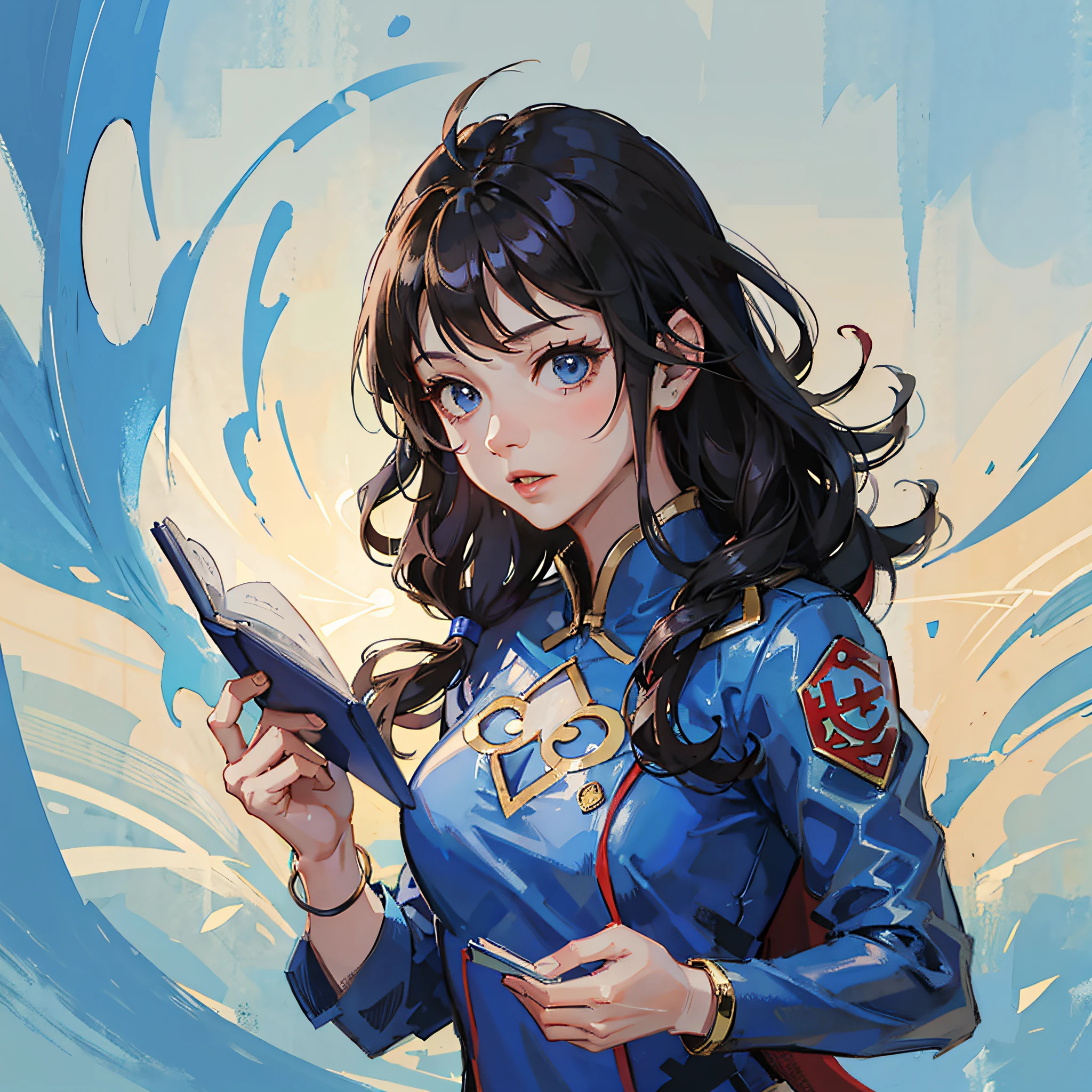 Superwoman disguises a Chinese college girl wearing a blue dress and holding a notebook with the "S+" symbol written on it --auto --s2