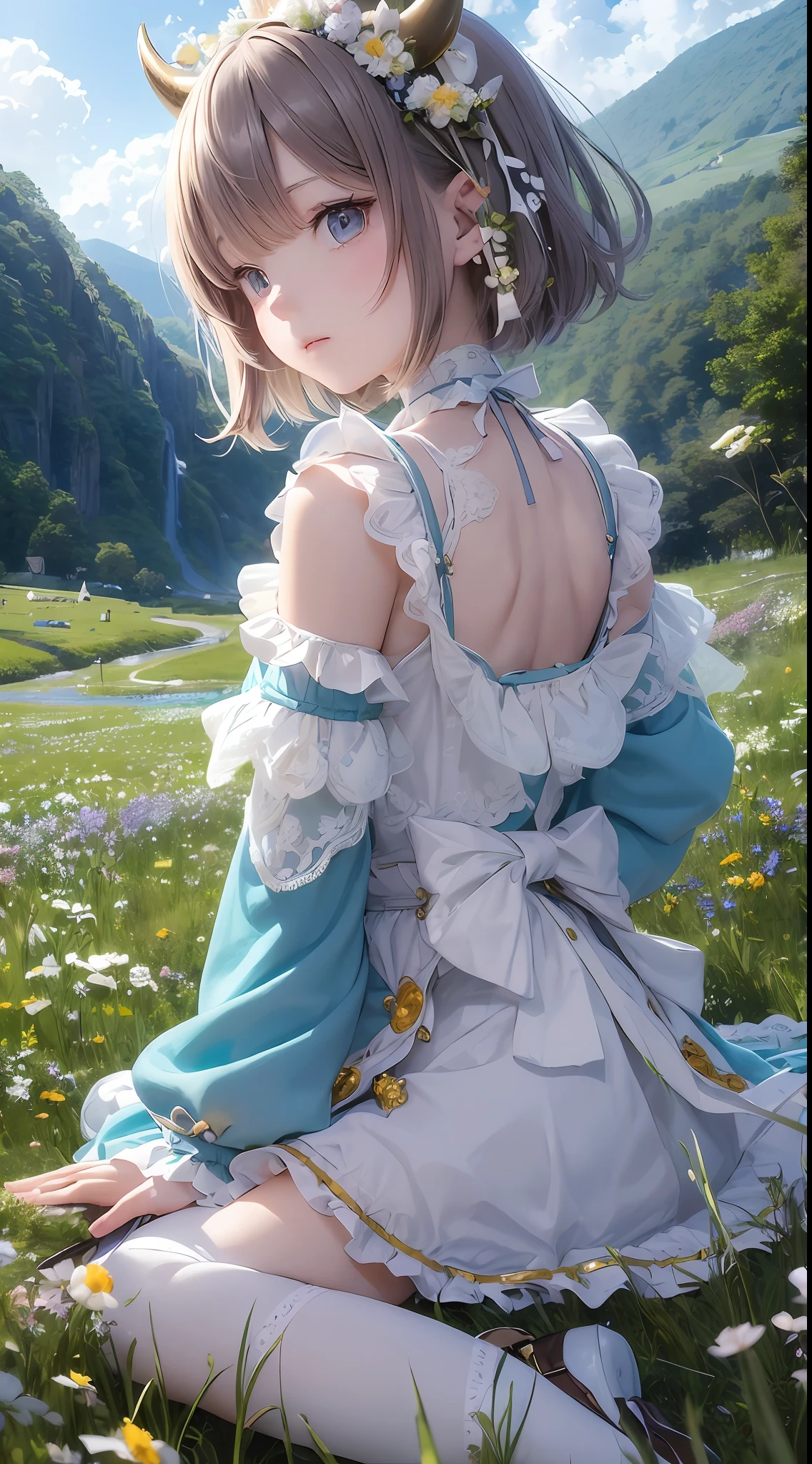 (Masterpiece), excellent picture quality, delicate and dreamy atmosphere, beautiful and cute anime girl, wearing arm guards and arm warmers, horn hairpins, short hair with colorful dresses and cow guard equipment, denim clothing, grassy pasture background, eyes full of color, like dream-like morning sun, clear blue and clear sky white clouds, perfectly presenting high-quality CG pictures.