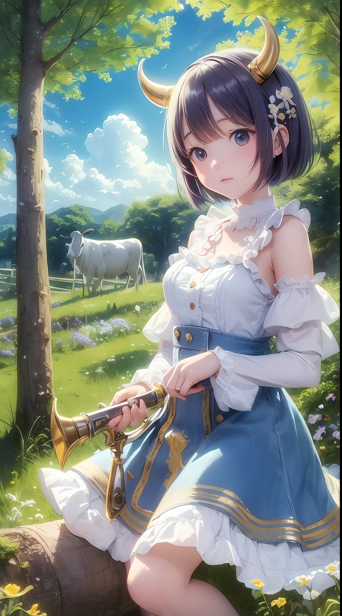 (Masterpiece), excellent picture quality, delicate and dreamy atmosphere, beautiful and cute anime girl, wearing arm guards and arm warmers, horn hairpins, short hair with colorful dresses and cow guard equipment, denim clothing, grassy pasture background, eyes full of color, like dream-like morning sun, clear blue and clear sky white clouds, perfectly presenting high-quality CG pictures.