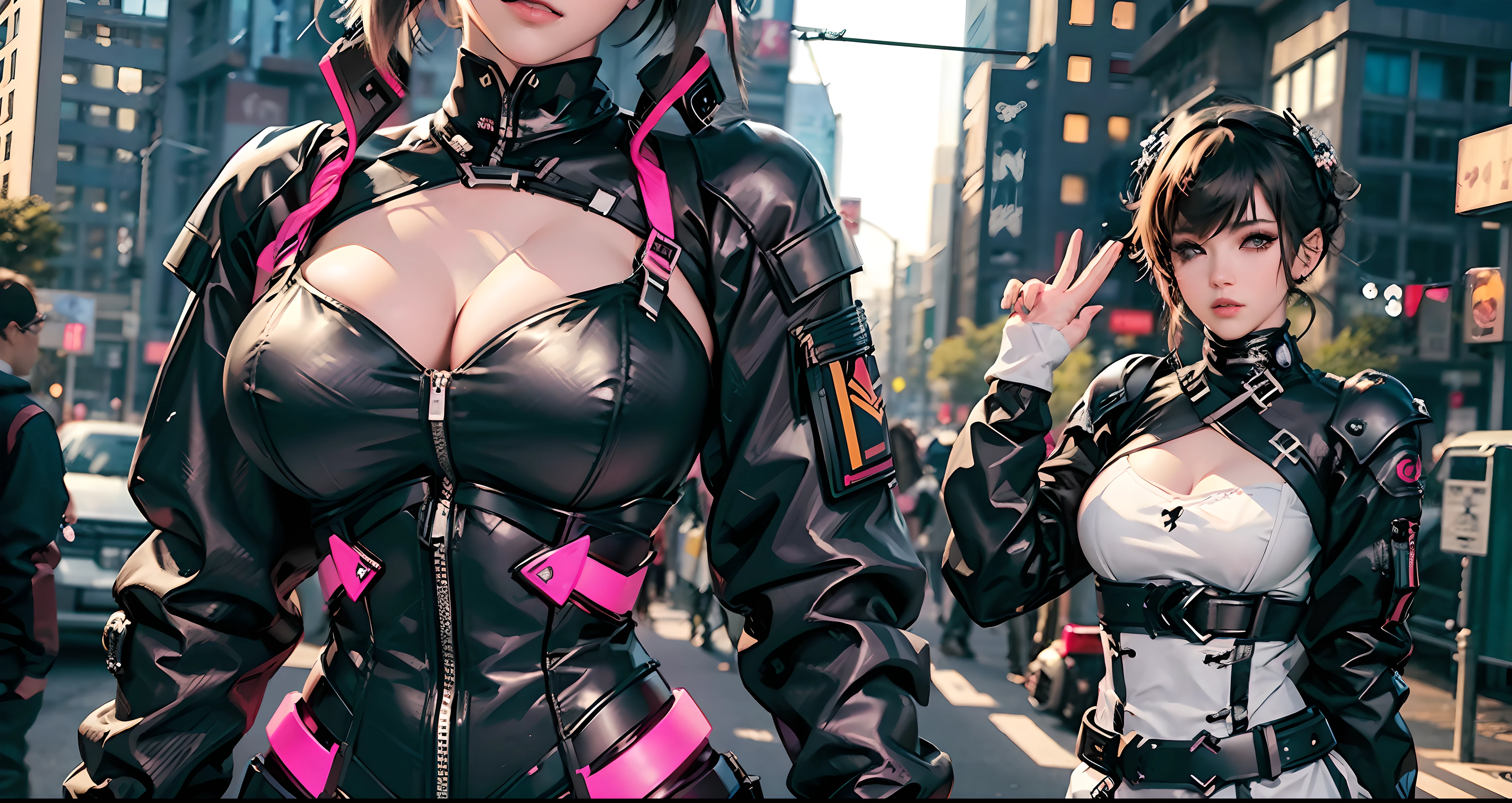 there is a woman with small breasts and massive hips in a corset and a black and white outfit, with Fishnet on breasts, humble outfit, wearing techwear and armor, cyberpunk outfit, wearing japanese techwear, intriguing outfit, all black cyberpunk clothes, cyberpunk style outfit, female cyberpunk anime girl, cyberpunk streetwear, cyberpunk dress, anime girl cosplay, photograph of a techwear woman, cyberpunk anime girl, wearing cyberpunk streetwear, maid outfit