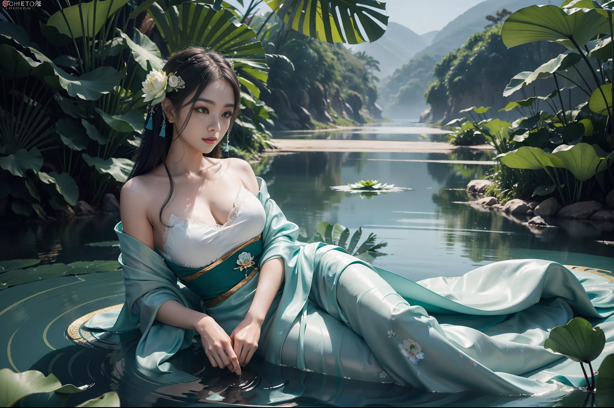 Beauty snake digitally painted beauty, highly detailed film water and ocean palette, swimming in West Lake in dark green Hanfu long dress of the Song Dynasty, huge lotus flower in white, delicate facial details, spotlight, perfect composition, surreal, ultra-detailed, 8k, high quality, clear focus, intricate details, highly detailed, dynamic lighting, detailed and complex environment,