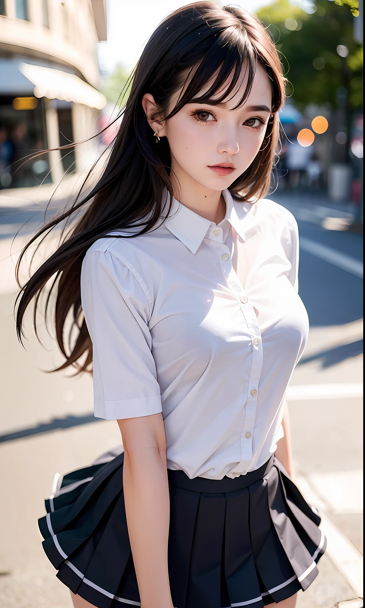 High School, NSFW,8k,(RAW Photo:1.2),(Best Quality:1.4),(Masterpiece:1.4),Best Illustration,Ultra High Definition,Portrait,Film Grain,filmg,1girl,Look Viewer,Depth of Field,(Photorealistic:1.4),(Detailed Hair,Realistic Hair,Realistic Lighting,Realistic Shadow,Realistic Clothing,Realistic Skin),Natural Skin Texture, Super Detail,(Portrait:0.6),(Light Particle,Lens Flare,Luminous Particle:0.6),(Bokeh:1.2),Cute,Professional Lighting,Photon Mapping,Radiosity,Physically Based Rendering,Incredibly Absurdity,Glossy Skin,(Pale Skin:1.2),(pureerosface_v1:0.7),(Close-Up:1.1), (Fair Face: 1.1),(Round Face:1.5),Open Mouth,Puffy Eyes,Purple Eyes,Double Eyelids,(Egyosar:1),(Long Hair:1.1),Floating Hair NovaFrog Style,High Ponytail,Floating Hair,Makeup,(Very Dark Lip Gloss,So Many Eyelashes,Eye Shadow),Beautiful Legs,Sailor Suit,((School Uniform, Checkered pleated skirt)),Ultra short skirt,(Butt:1.2),Knee socks,Outdoor,City,Sunny,(Unbuttoned shirt:1.1),Full body,Crawling on all fours,Backwards,(Beautiful nipple slip: 0.9)