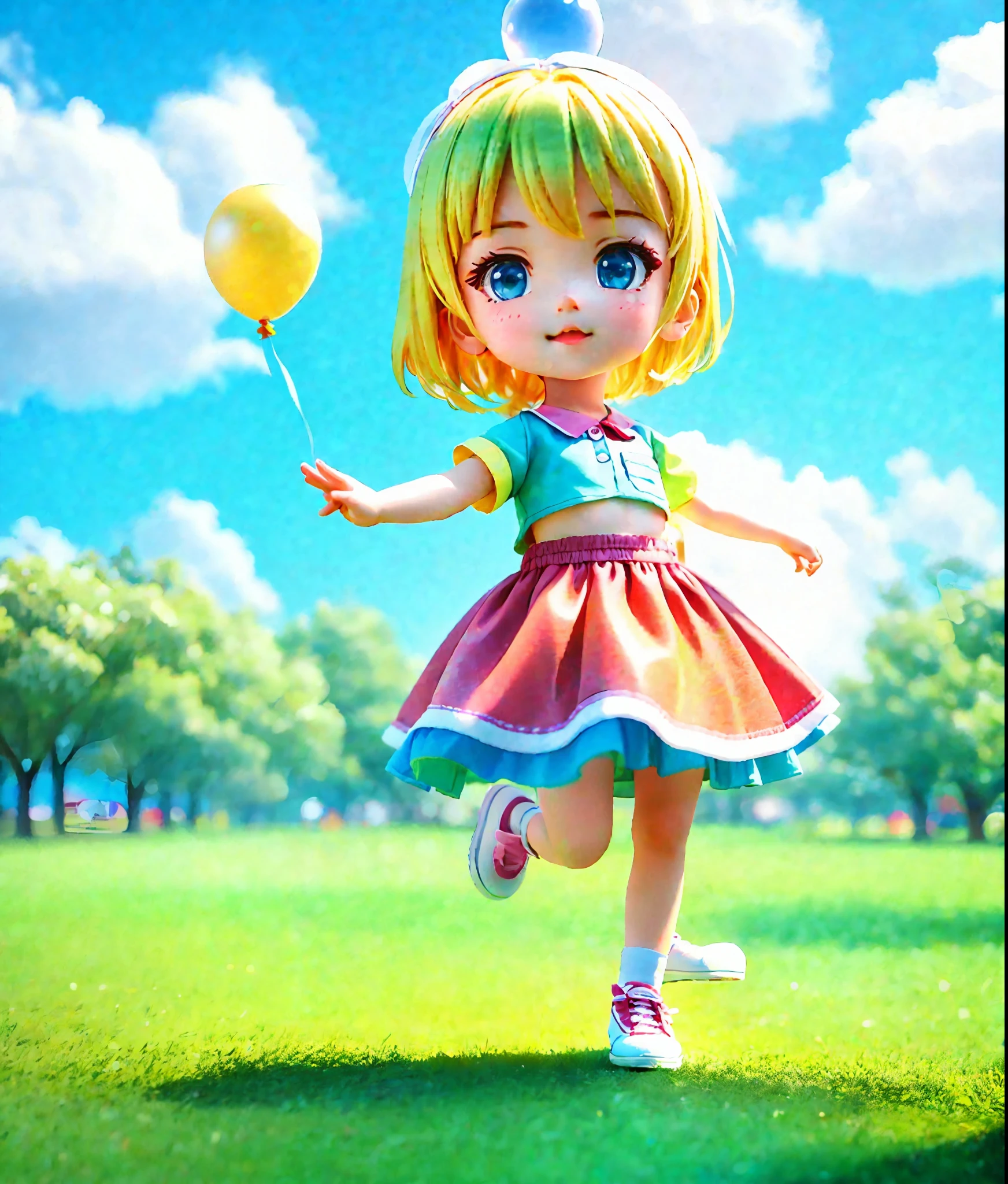 A cute little girl running on grass, surrounded by balloons, colorful, blue sky and white clouds, natural scenery, surrounded by a lot of grassland, amusement park background, dream, excitement, super cute boy IP by popular market, high detail, high quality, bright colors, model blind box toys, Disney style, fine light, 3d rendering, oc rendering, best picture quality, 8K, soft colors, movie textures, medium close-up,-- AR 9:16