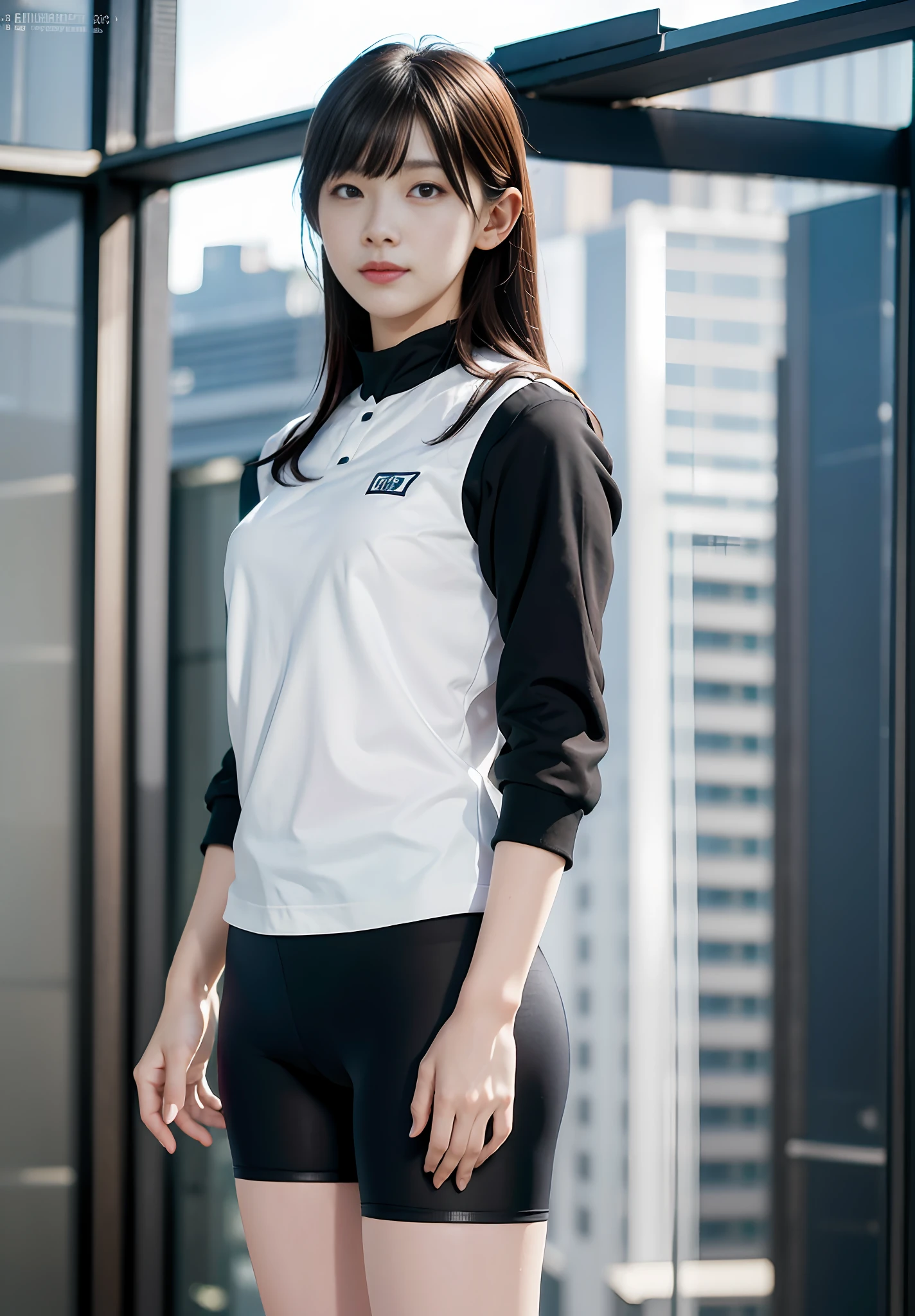 masterpiece, masterpiece, best quality, best quality, real, unity, 8k wallpaper, official art, highly detailed cg unity 8k wallpaper, ulzzang-6500, one girl, cute, professional lighting, ((Long black spandex shorts: 1.37)), long hair, uniform, pleated skirt, (Original: 1.2), (Real: 1.4), ultra detailed, high resolution, ultra detailed, amazing, fine details, cinematic lighting, simple costumes, detailed clothing textures. (8k, RAW photo, highest quality, masterpiece: 1.27), (realistic, photorealistic: 1.37), physically based rendering, handsome, masterpiece, highest quality, high resolution,