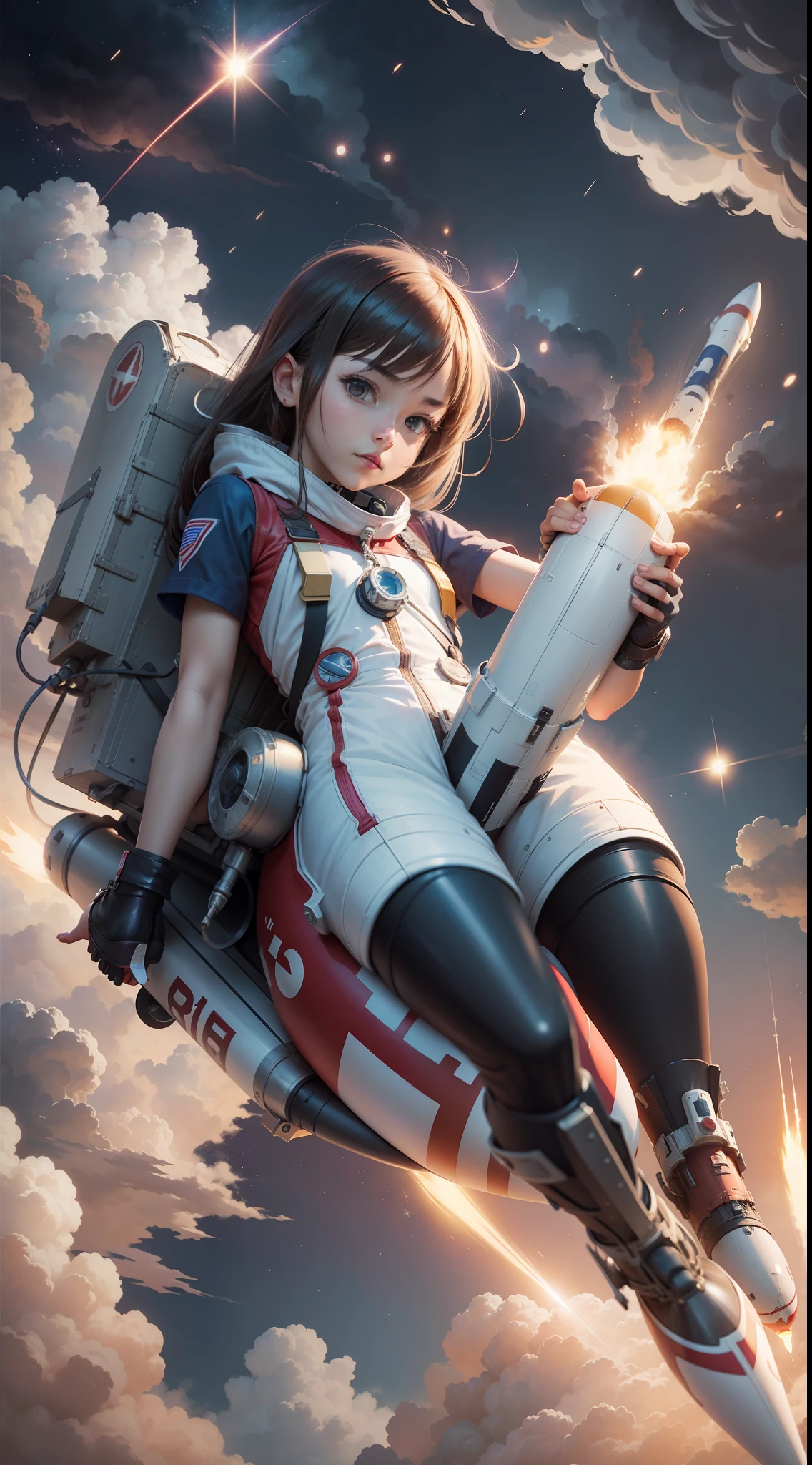 An anime style rocket, rocket, flying around the number 6, speed, young girl sitting on the rocket, 16k