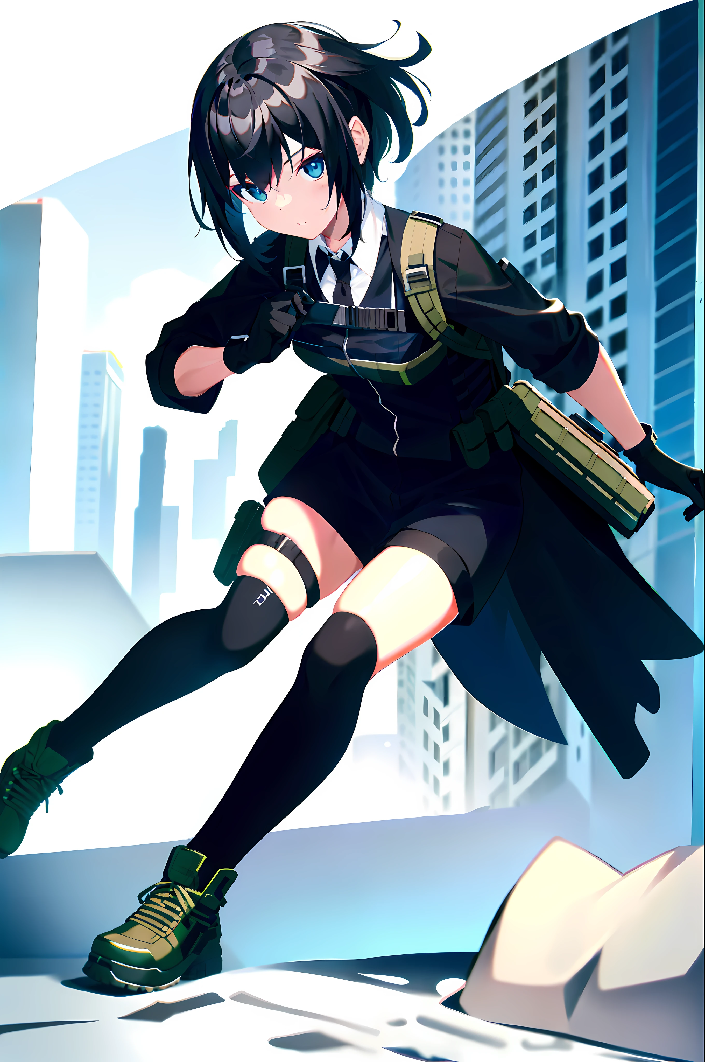 photo of a iom girl, 1girl, bangs, black hair, blue eyes, bulletproof vest, gloves, headphones, holster, looking at viewer, medium hair, military, plate carrier, tactical clothes, (black and khaki clothes), thigh holster, thigh strap, forest, running, black backpack, outdoors,