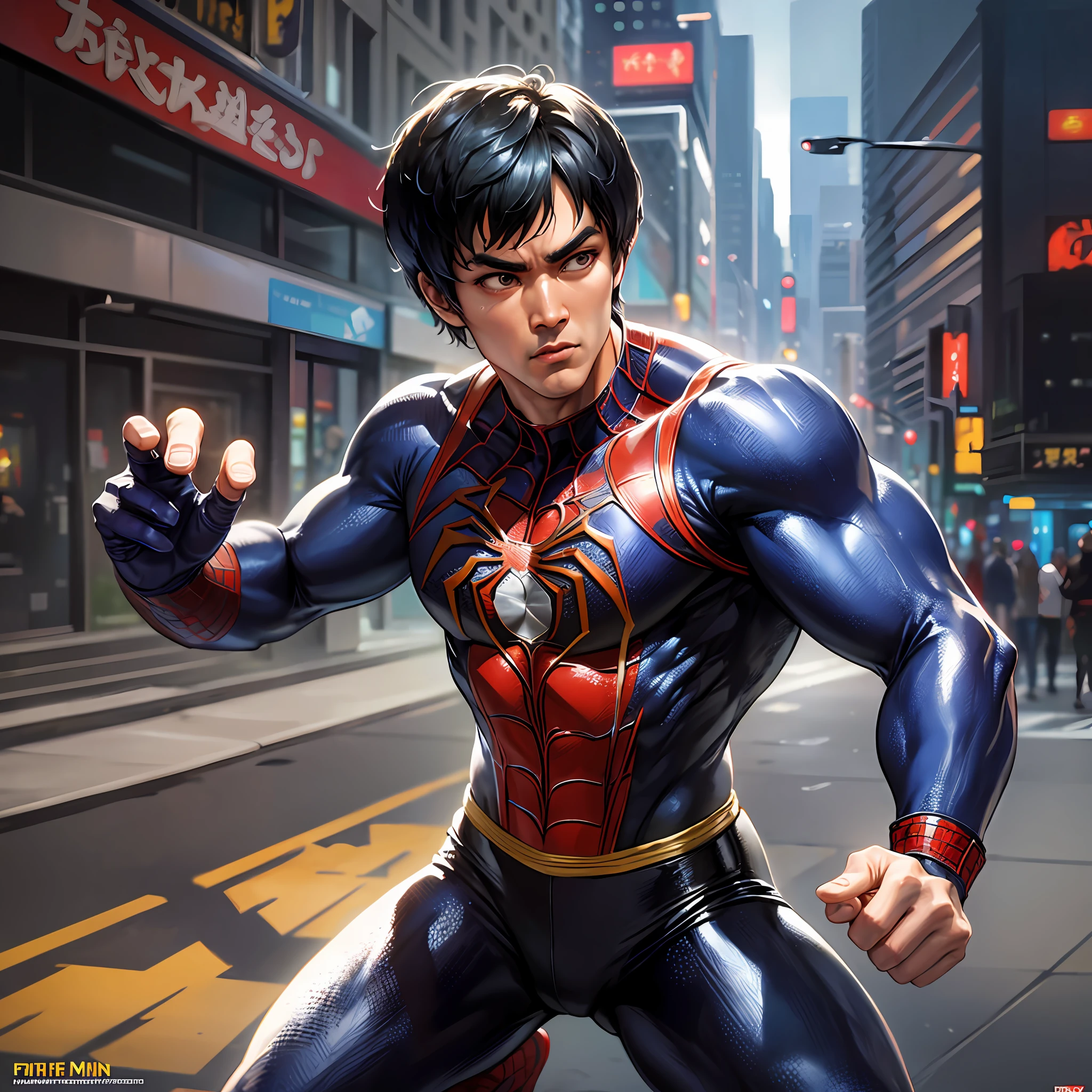 Bruce Lee Spider-Man costume, very detailed, Midjourney-style art, cinematic lenses, cinematic looks, intricate scenes, artstation, complex backgrounds, extremely beautiful, crazy details --auto --s2