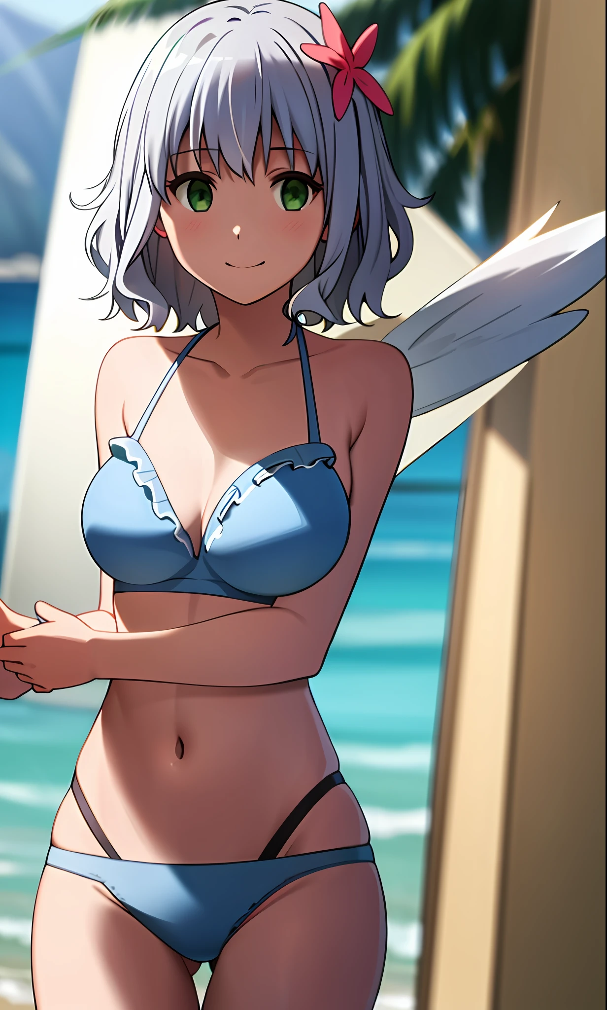 top quality, (masterpiece: 1.2), very detailed, sea, sun, light, splash,
1 girl, solo, muse, smile, look viewer, gray hair, circle of angels, short hair, green eyes, light in the eyes, white bikini, ruffled bikini, realistic, from the knee up, wind, flower, glowing skin, ultra-realistic, realistic, portrait, blur,