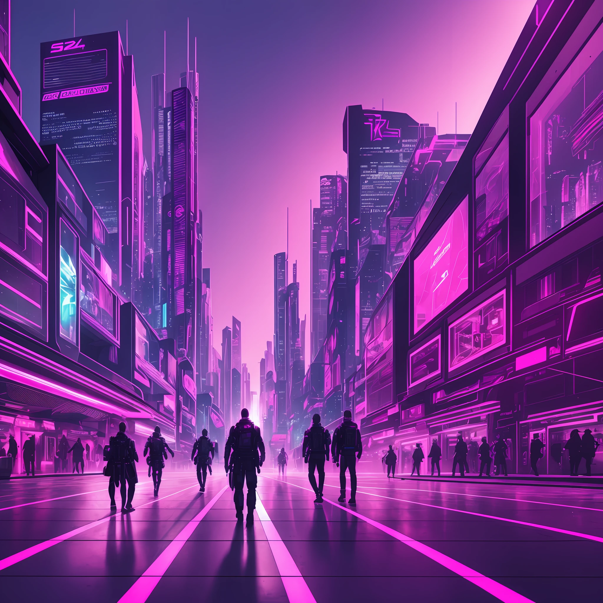 4k image, futuristic city, purple and pink color, with black and light shadows, cyberpunk people --auto --s2