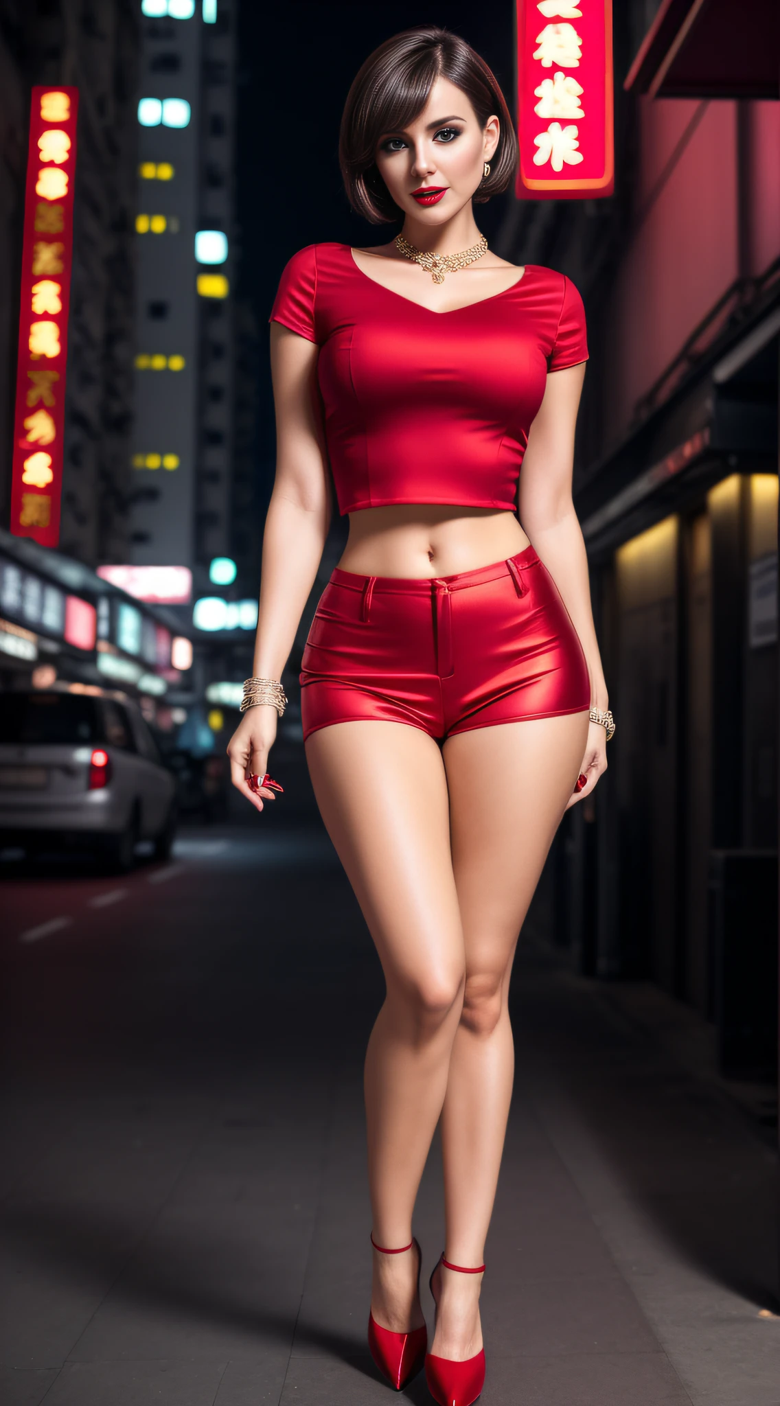 AS-MidAage, close-up photography, sexy, short hair, brunette with high heels, makeup, red lips, Hong Kong background at night, shirt and trousers, jewelry, body facing viewer, surreal, {an extremely delicate and beautiful girl}, 4k wallpaper, {{{masterpiece}}}, (full body: 1.6), walking