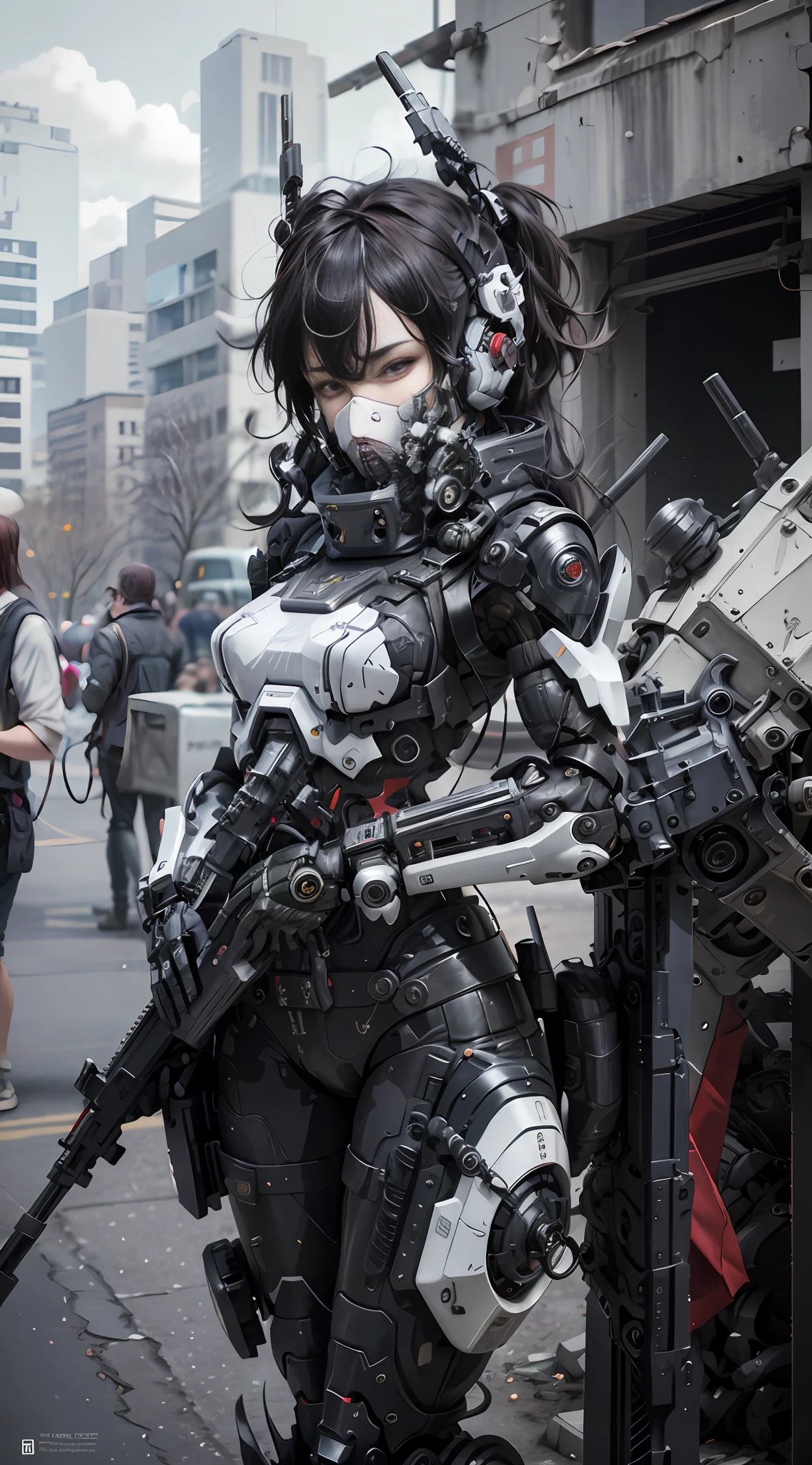 This is a CG Unity 8k wallpaper with ultra-detailed, high-resolution and top quality in cyberpunk style, dominated by black and red. In the picture, a beautiful girl with short white messy hair, a delicate face, wearing a steam mecha mask, standing on the ruins, (battle damage: 1.5), the action of a woman holding a heavy sniper rifle in her hand,