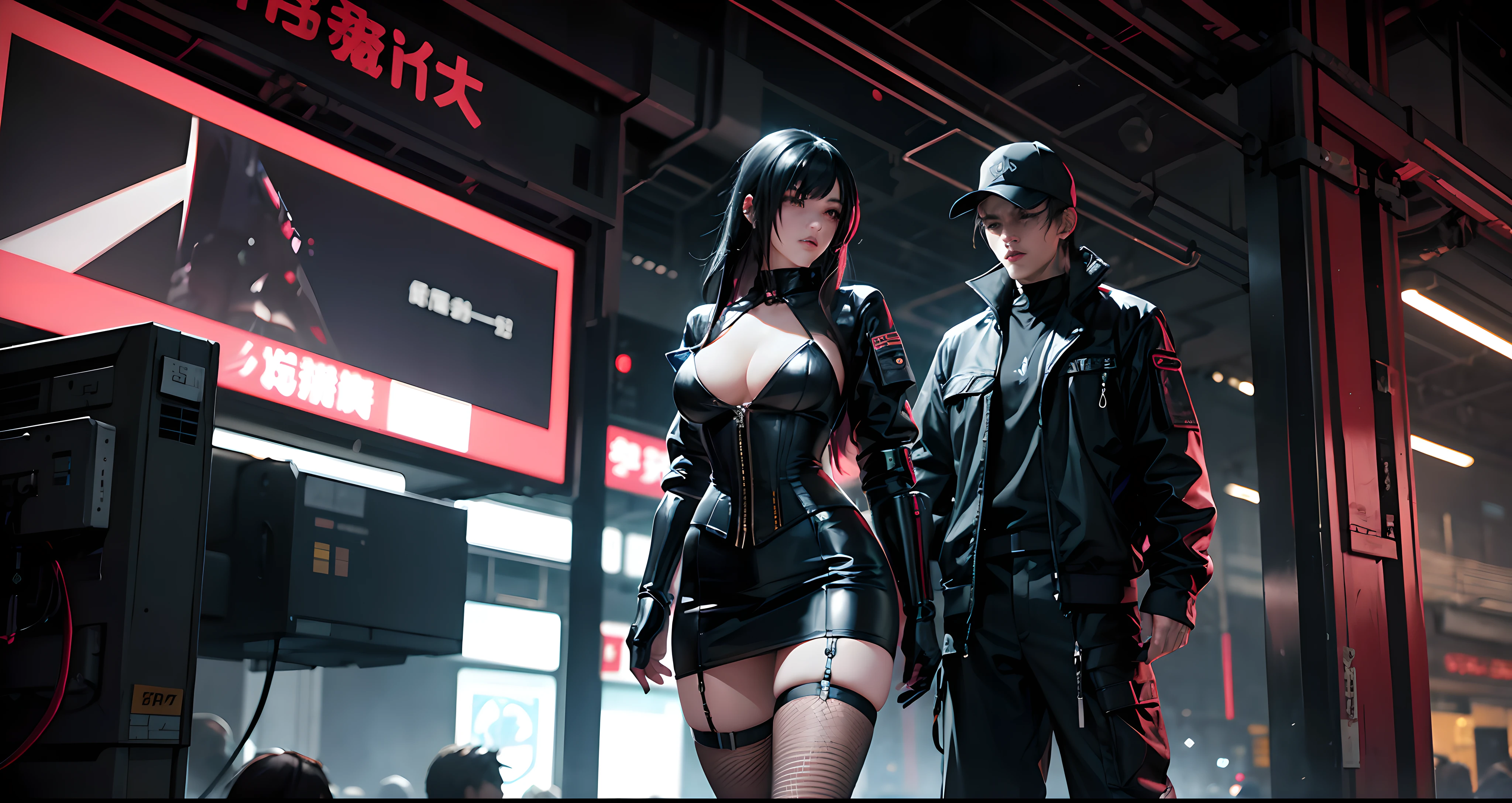 there is a woman with small breasts and massive hips in a corset and a black and white outfit, with Fishnet on breasts, humble outfit, wearing techwear and armor, cyberpunk outfit, wearing japanese techwear, intriguing outfit, all black cyberpunk clothes, cyberpunk style outfit, female cyberpunk anime girl, cyberpunk streetwear, cyberpunk dress, anime girl cosplay, photograph of a techwear woman, cyberpunk anime girl, wearing cyberpunk streetwear, maid outfit