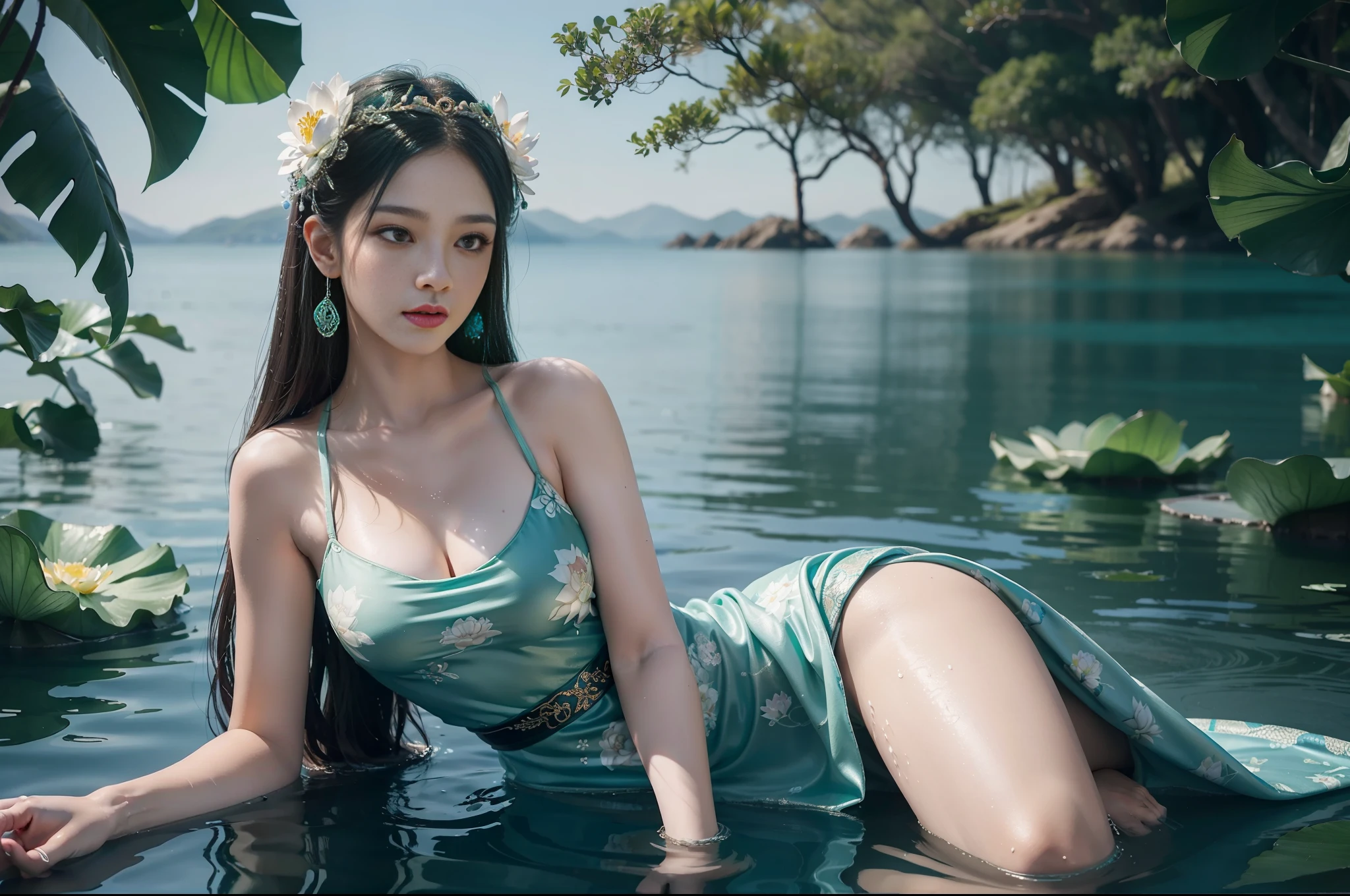 Beauty snake digitally painted beauty, highly detailed film water and ocean palette, swimming in West Lake in dark green Hanfu long dress of the Song Dynasty, huge lotus flower in white, delicate facial details, spotlight, perfect composition, surreal, ultra-detailed, 8k, high quality, clear focus, intricate details, highly detailed, dynamic lighting, detailed and complex environment,