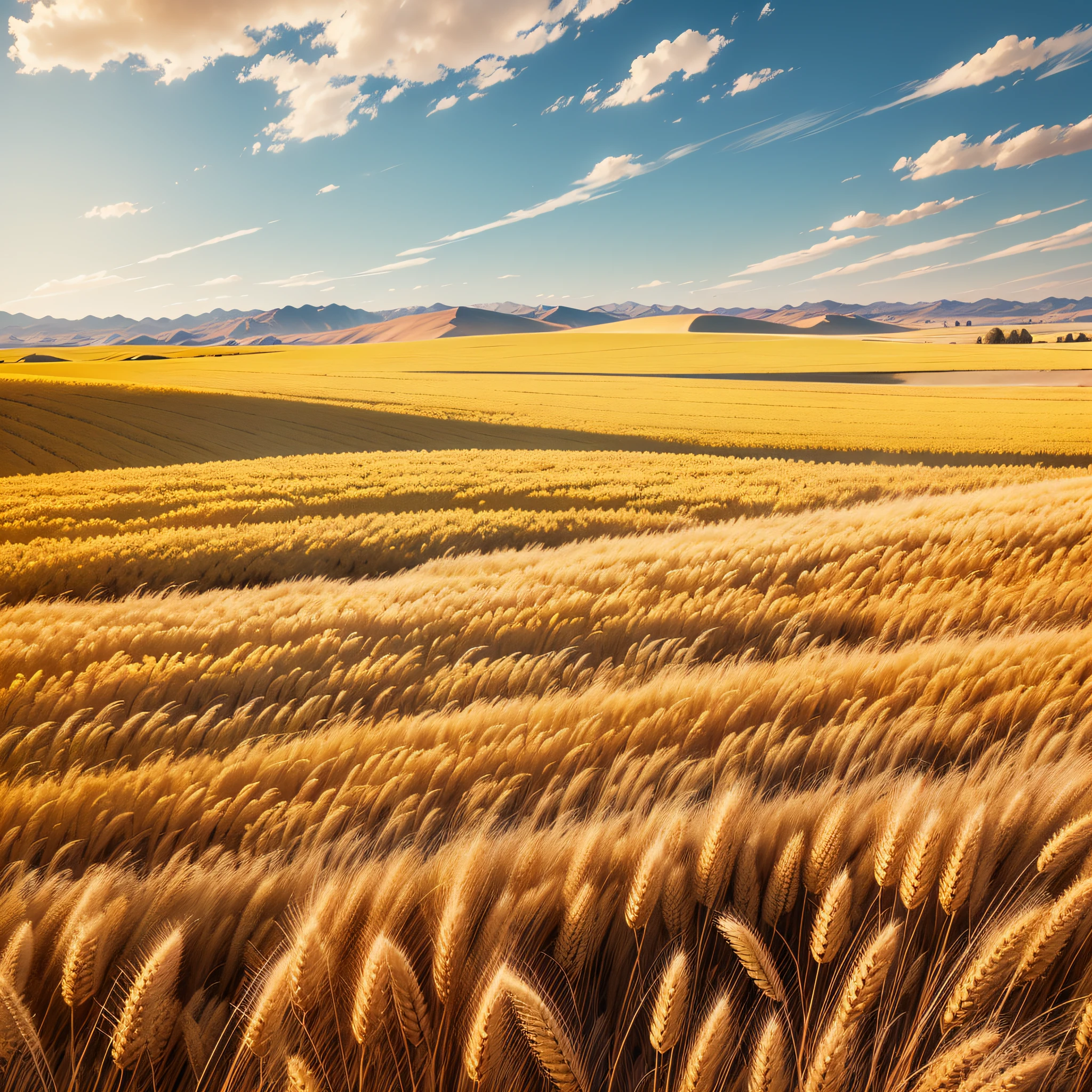 The land is covered with golden grain, wheat fields, and a gentle breeze blows --auto --s2
