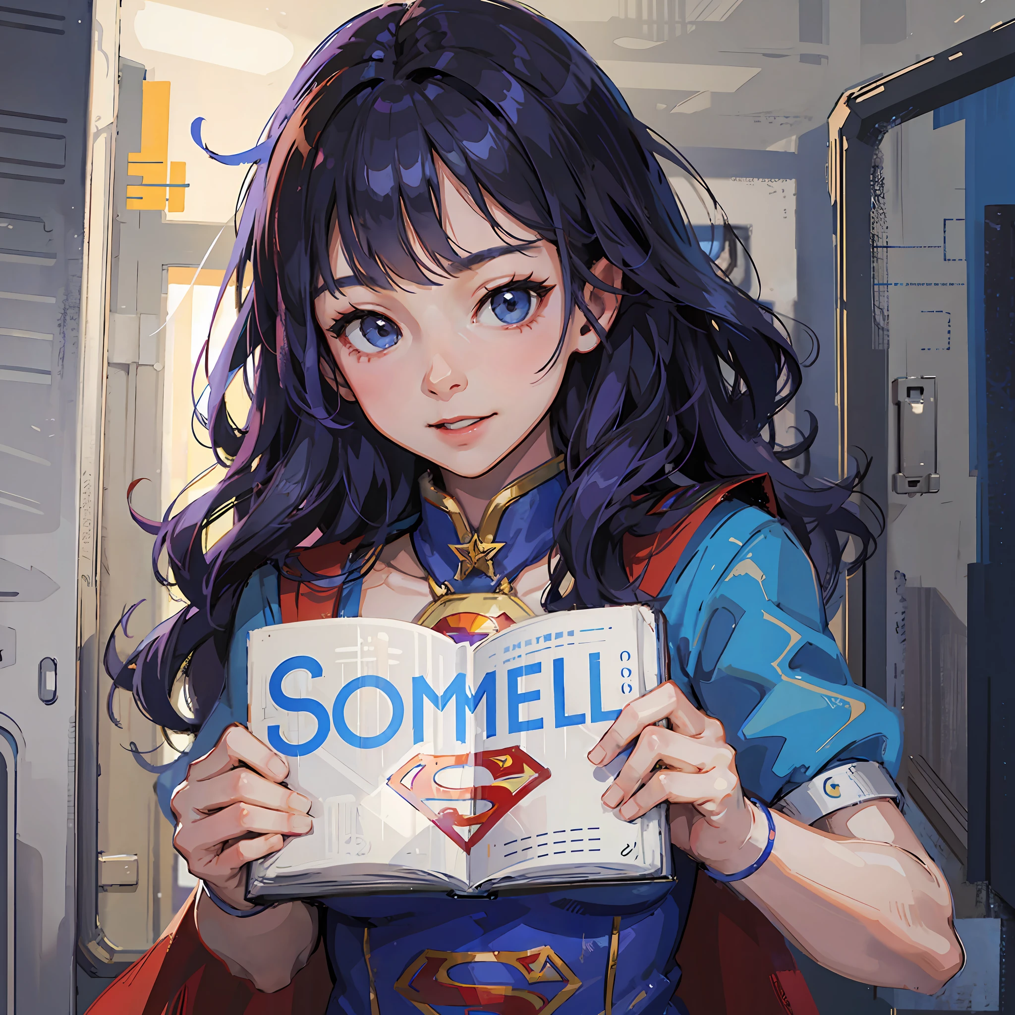 Q version comic style, Supergirl disguised Chinese female college student, wearing a blue dress and holding a notebook with the "S+" glyph written on it --auto --s2