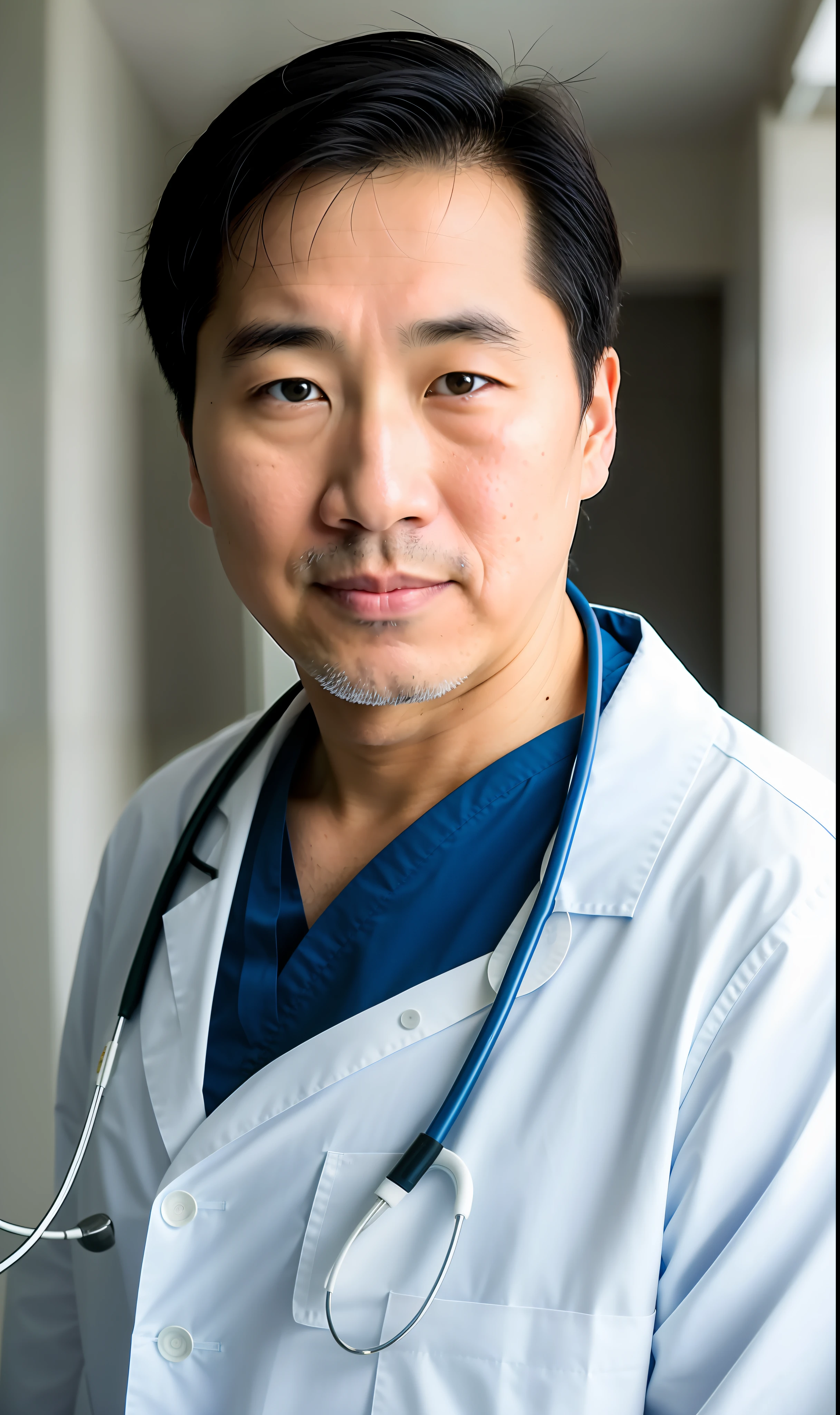 42 years old white doctor man photo, black hair, asian face, half, body, high detail skin, skin pores, hospital corridor, 8k uhd, DSLR camera, soft light, high quality, film grain, Fujifilm XT3