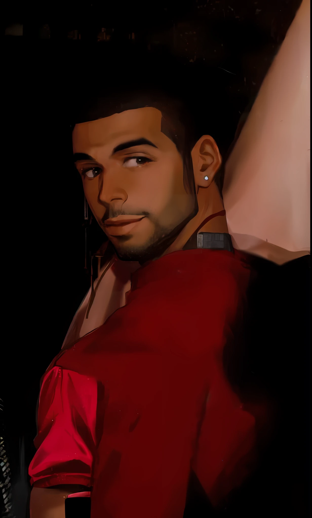 there is a man with a red shirt and a red jacket, taken in night club, taken in the late 2000s, taken in the late 2010s, photograph of drake the rapper, red cloth around his shoulders, taken in the mid 2000s, slight smirk, mid-shot of a hunky, giddy smirk